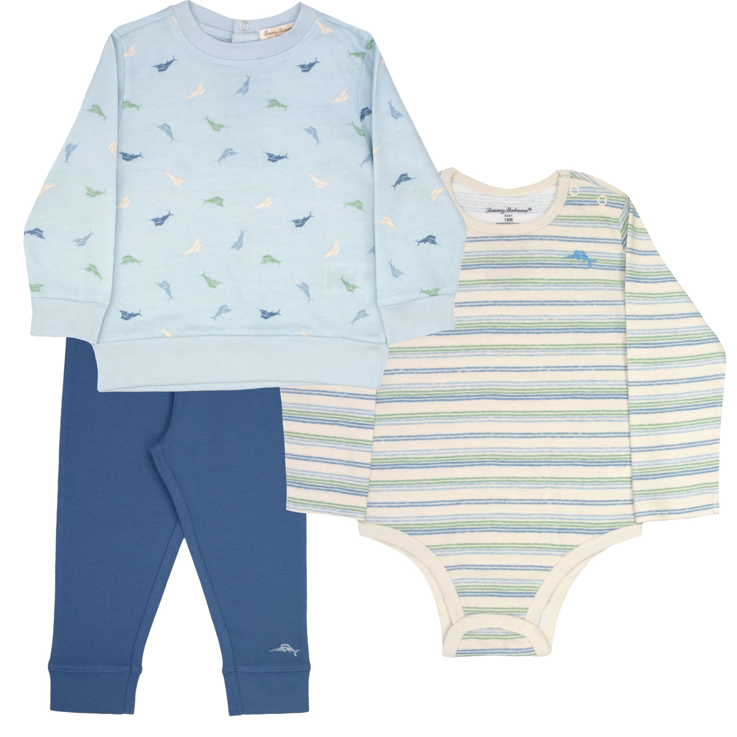 Tommy Bahama Baby 3-Piece 100 Cotton Set - Long Sleeve Shirt Onesie and Pants Bundle for Infants and