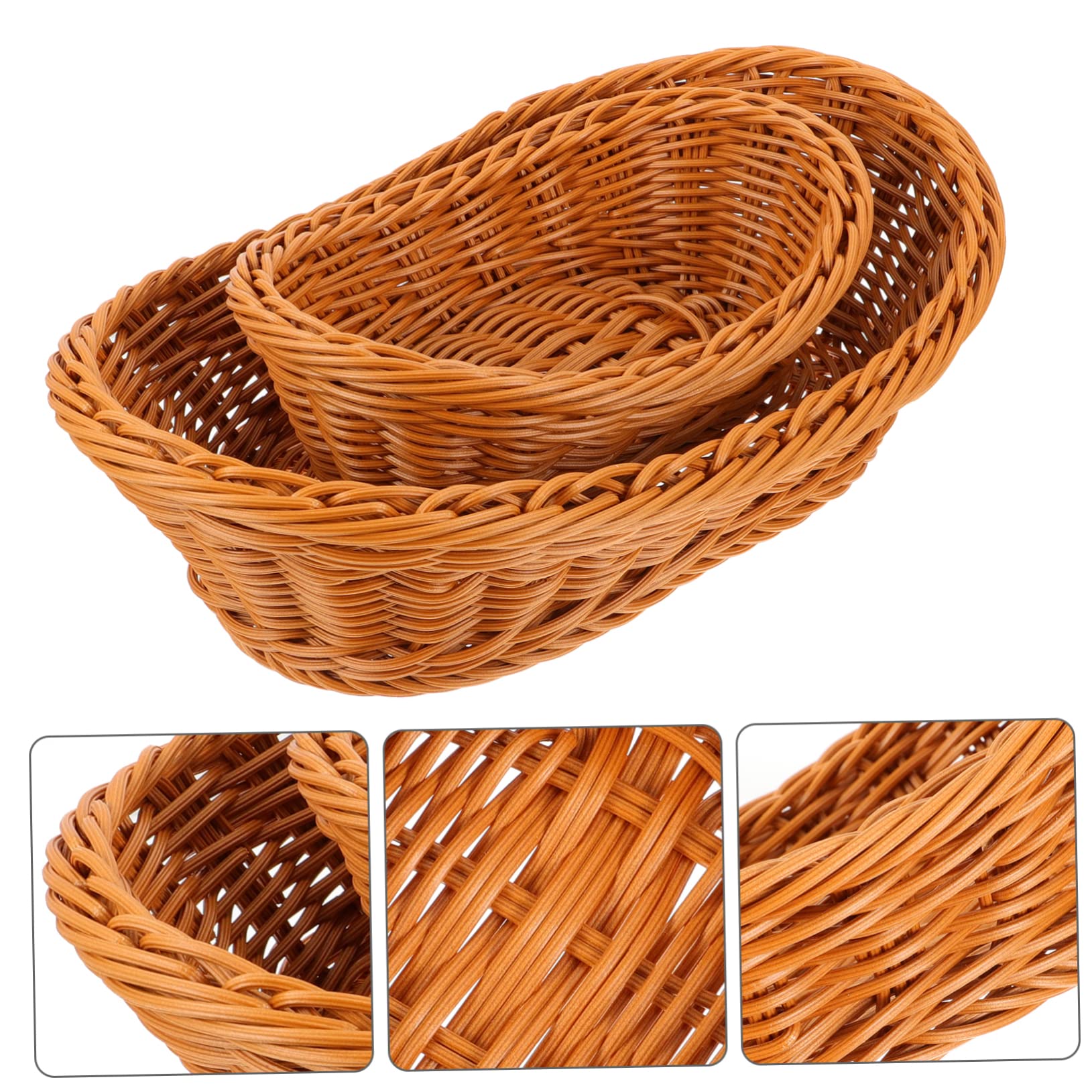 Garneck 1set Fruit Basket Candy Poly Wicker Storage Basket Vegetables Stand Basket Woven Bread Storage Basket Imitation Rattan Woven Basket Rattan Serving Basket Brown Plastic 2pcs