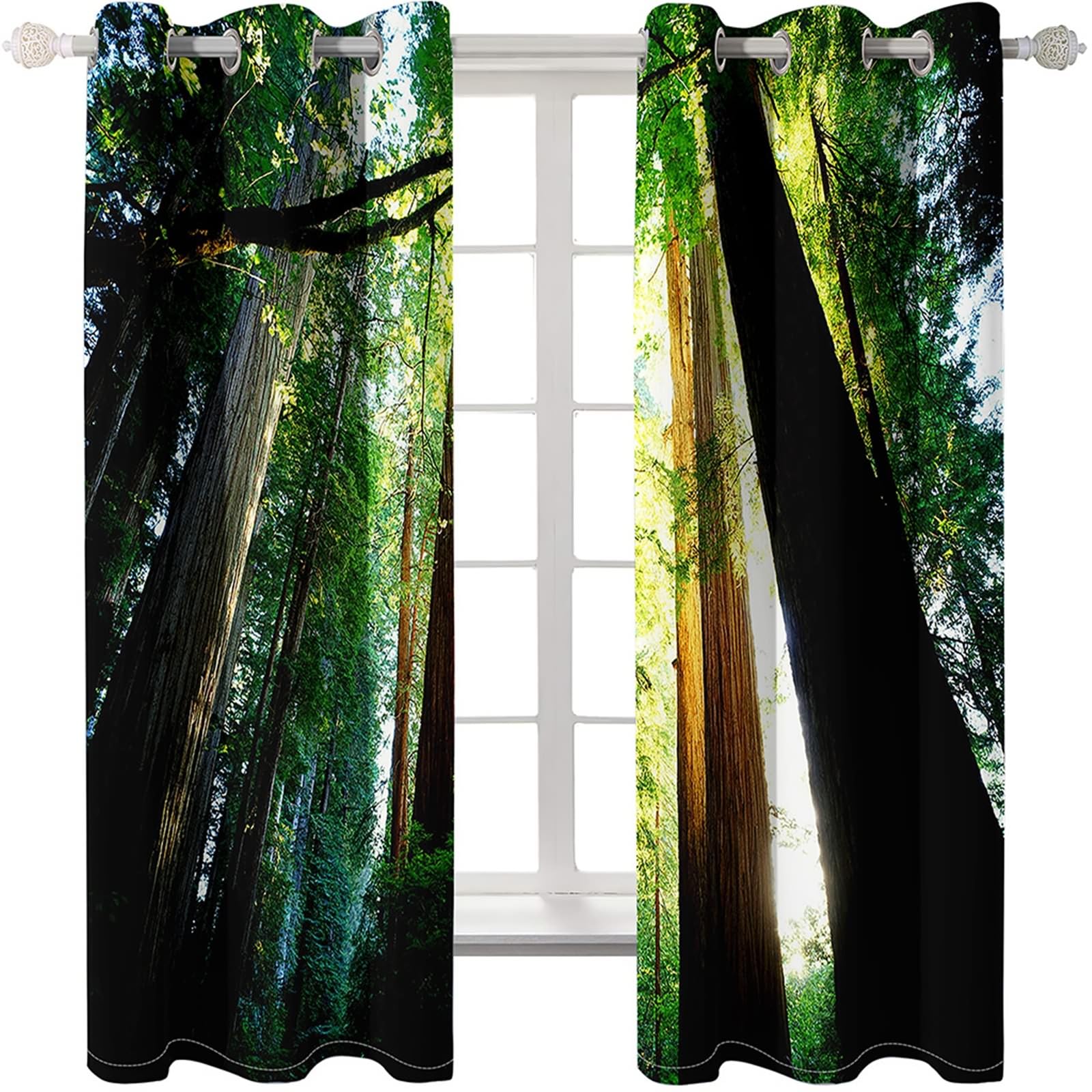 Rideaux Occultants 2 Panneaux, Rideau Salon Moderne à Oeillets Paysage de Arbres Sul Le Soleil Fenêtre Rideaux pour Chambre Salon Decor Intérieurs, 137x214 CM(LxH), Vert Marron