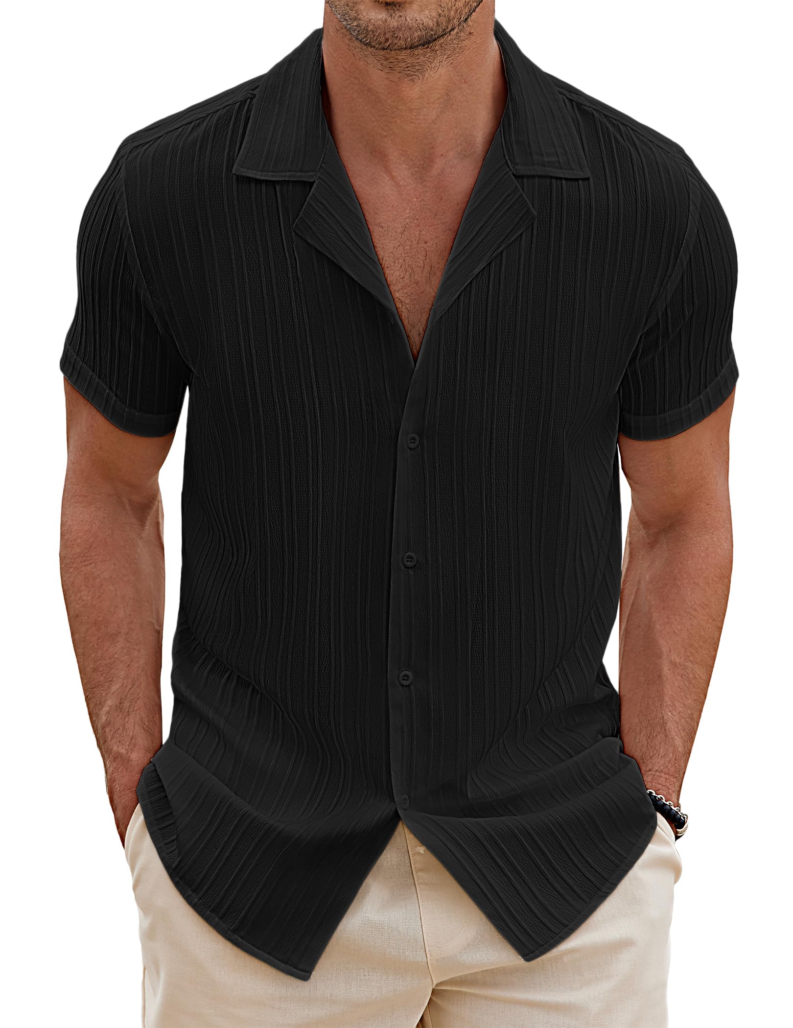 COOFANDY Herren Hemd Kurzarm Sommer Freizeithemd Kuban Kragen Hawaiihemd Gestreift Struktur Strand Hemden Guayabera Shirt