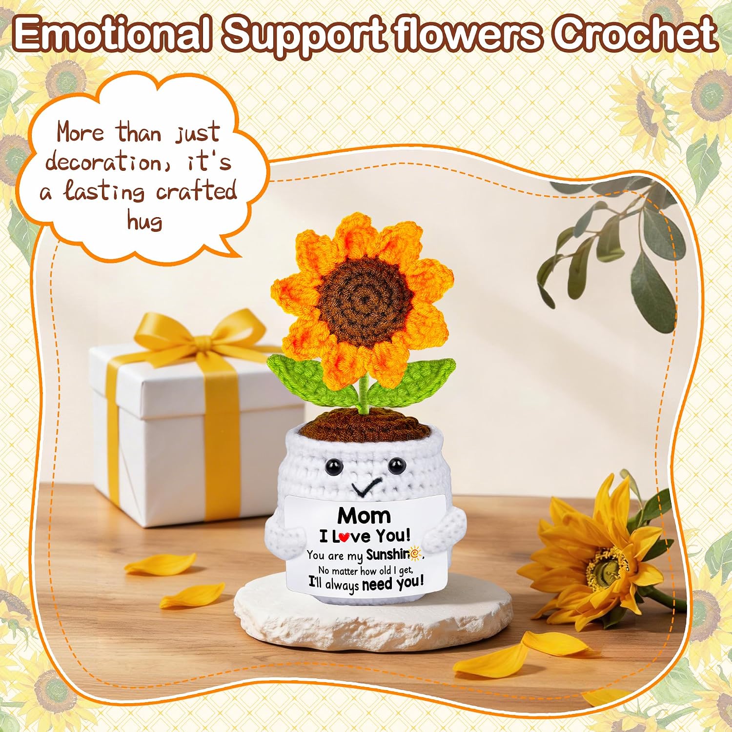 Gifts for Mom from Daughter Son, Mom Birthday Gifts, Gift for Moms Mother in Law Step Mama Mommy, Mother's Day Birthday I Love You Present for Moms, Cute Handmade Crochet Positive Sunflower Doll