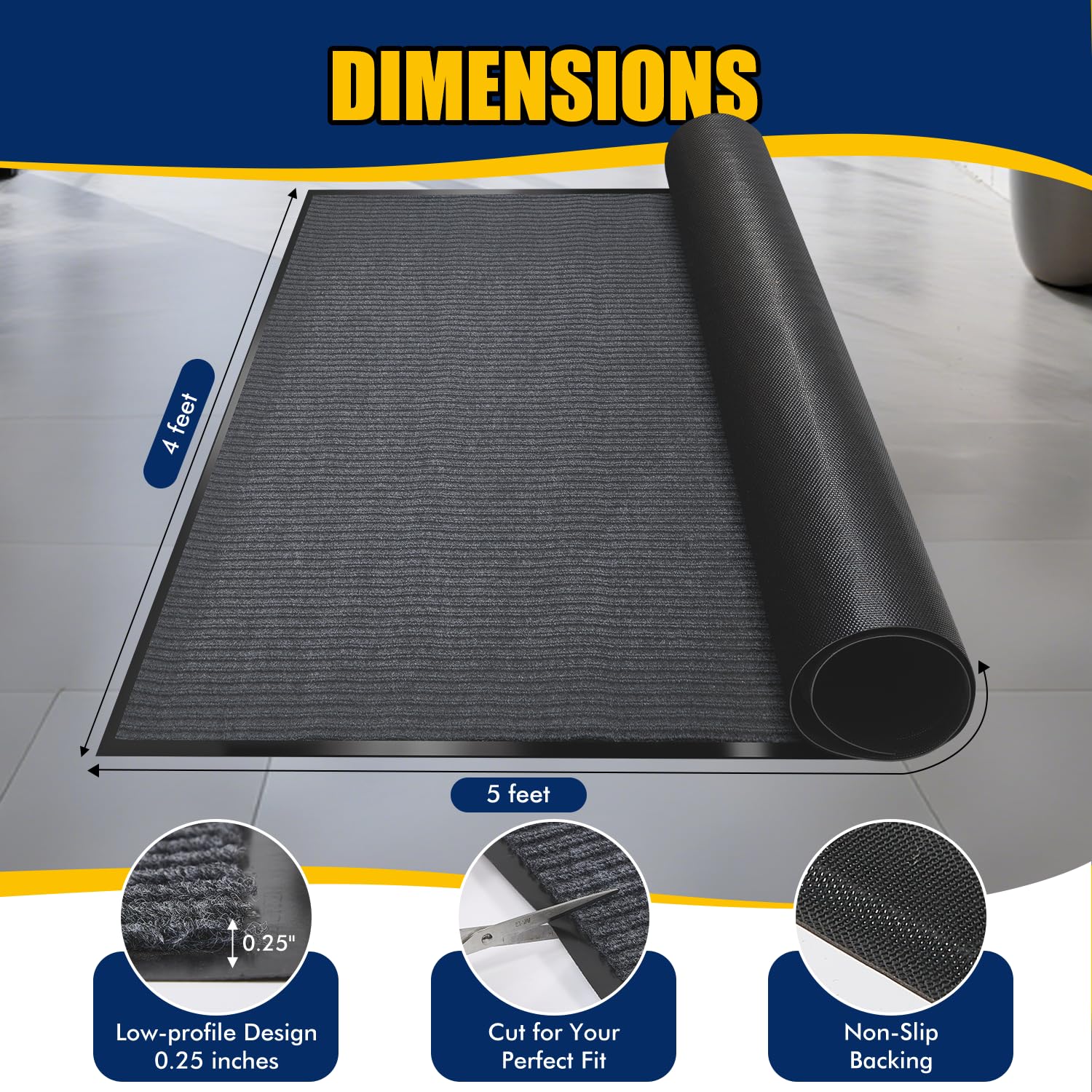 Extra Large Indoor/Outdoor Entrance Mat - 4 x 5 Feet, Rubber Border Door Mat Heavy Duty, Waterproof, Low-Profile, Easy to Clean, Rubber Entry Mat, Commercial Floor Mat, Charcoal Grey — Amazon image 4