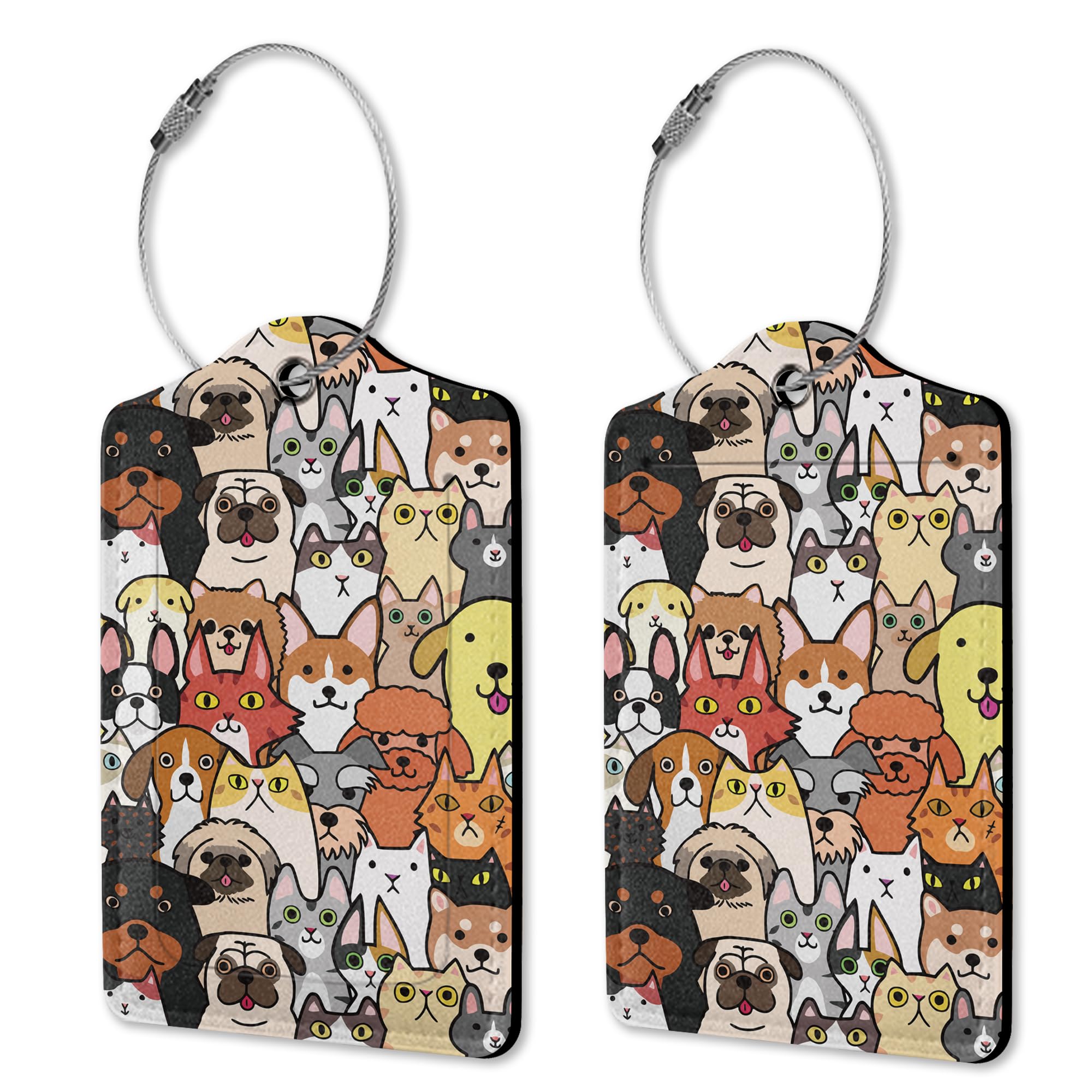 Luggage Tags for Suitcase, 2 Pack Cute Dogs Cats Luggage Tag with Privacy Flap Leather Travel Cruise, Name ID Label and Metal Loop for Women Men Girls