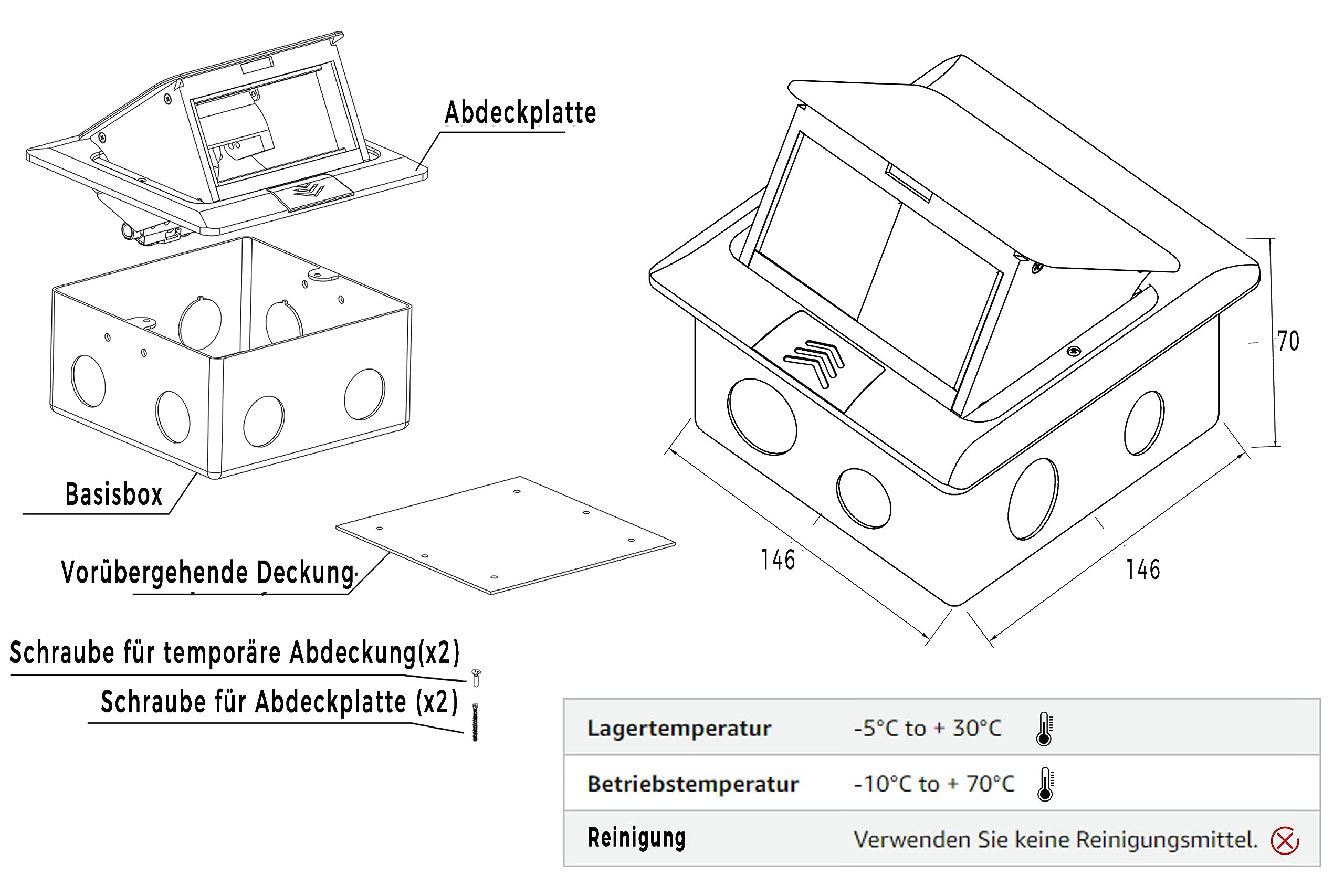 Bodeneinbausteckdose ELBE Inno, 1 Einbaustecker, 1 USB-A, 1 USB-C, 1 CAT6 RJ45, silbernes Aluminium-Finish, Deckel mit Soft-Pop-up-Funktion, IP42 Wasser- und staubdicht