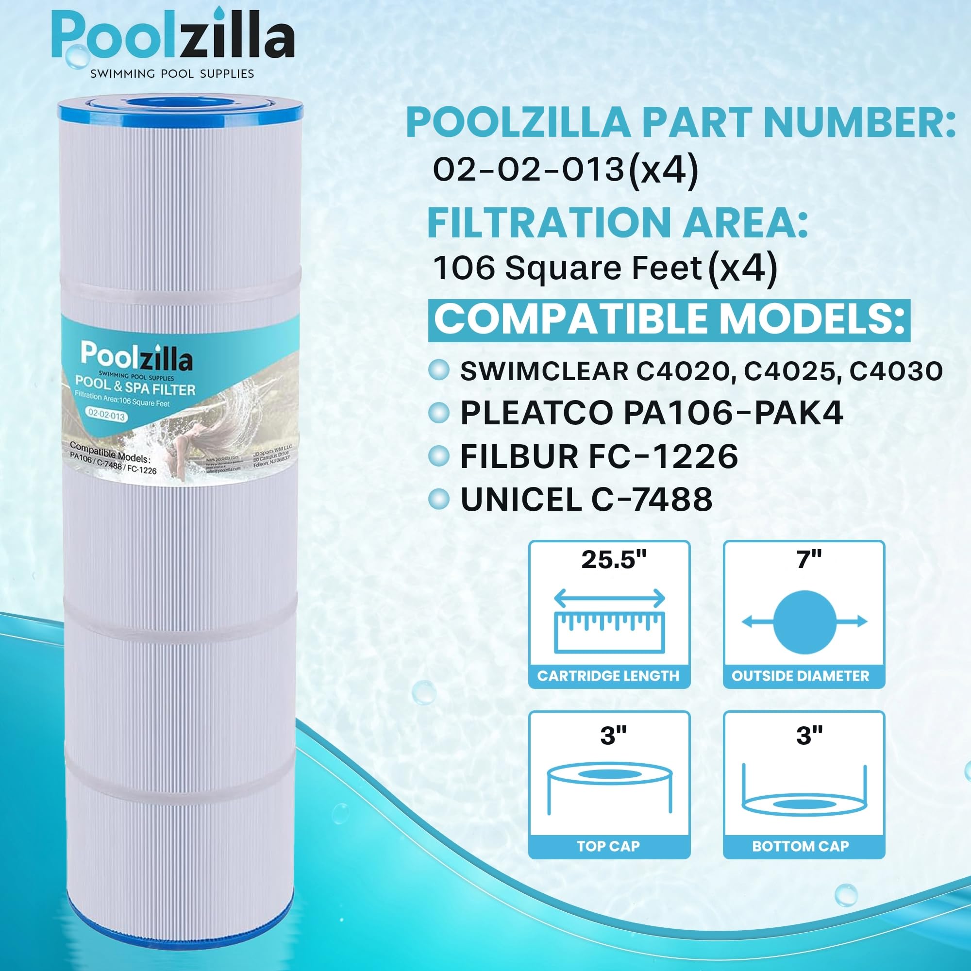 Poolzilla [4 Pack] Pool Filter Cartridge, Compatible with PLF106A, Hayward CX880XRE, Ultra-A1, Pleatco PA106, Unicel C-7488, Filbur FC-1226, FC-6430, SwimClear C4020, C4030 [L x OD: 25.5