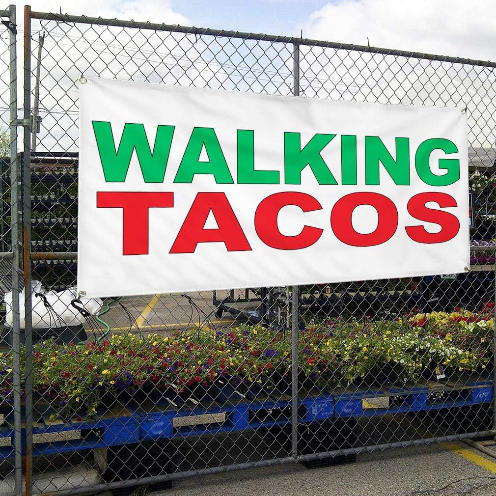 Vinyl Banner Multiple Sizes Walking Tacos Green Red Food Bar Restaurant Truck Food & Beverage Outdoor Weatherproof Industrial Yard Signs 4 Grommets 24x36Inches