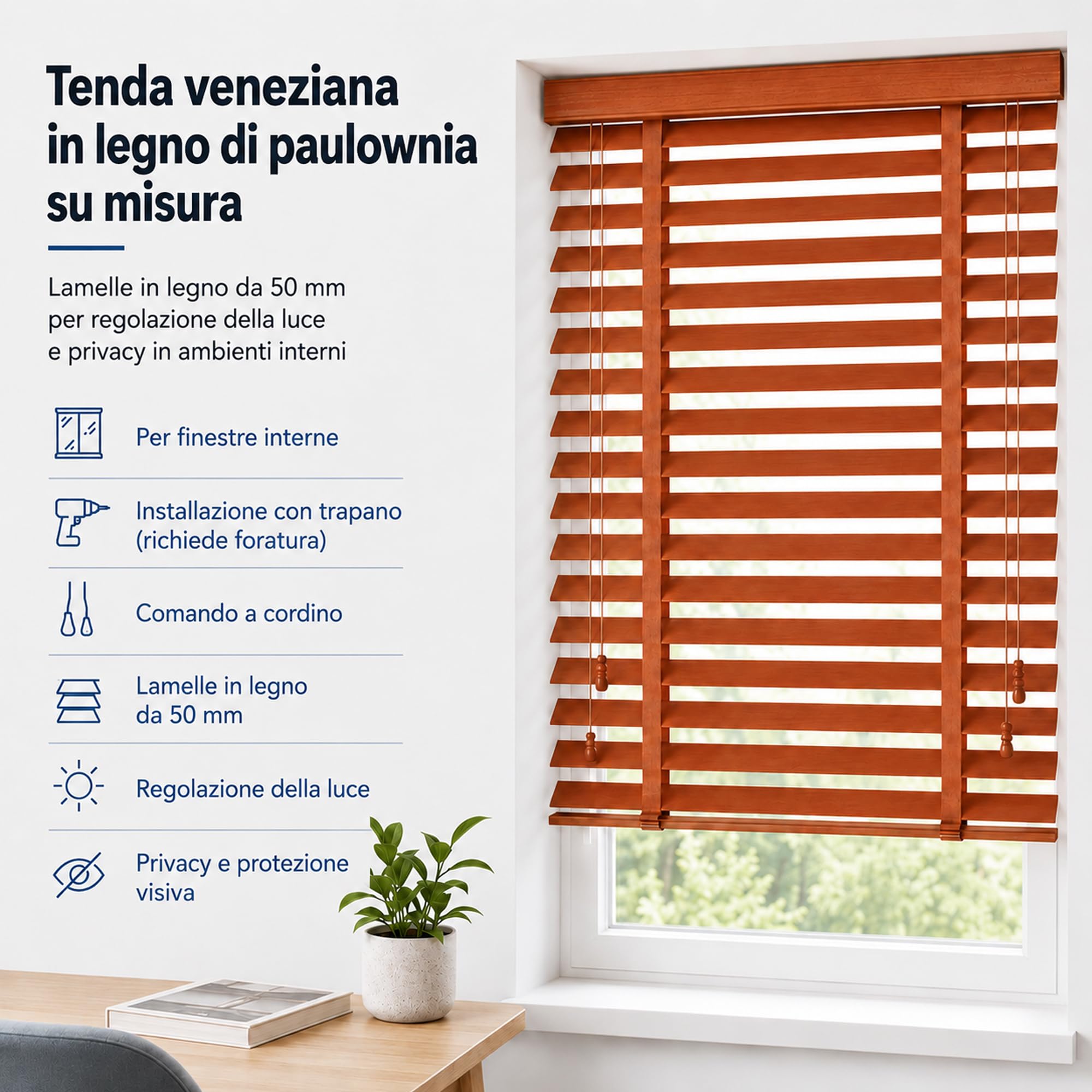 Tenda veneziana in legno su misura per finestra interna, legno di paulownia con lamelle da 50 mm, installazione con trapano, cordino, privacy e regolazione della luce M50115