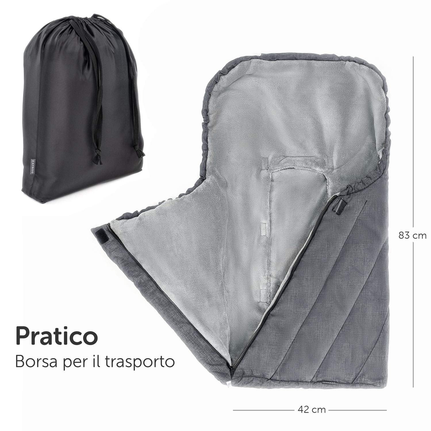 Zamboo Sacco Ovetto Invernale 3M PRO (per Seggiolini Auto a 3 o 5 Punti Cintura) / Sacco Termico per Ovetto Thinsulate, Con Borsa - Grigio