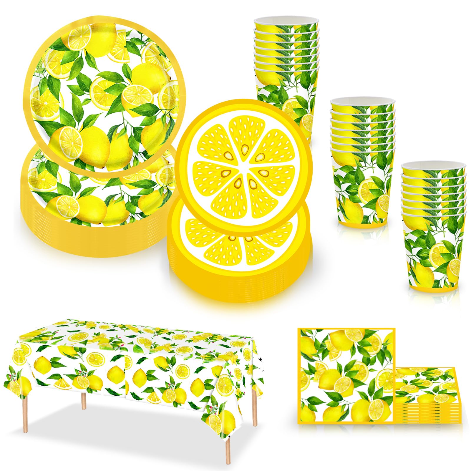69pcs Lemon Party Tableware Disposable Dinnerware Set,Yellow Lemons Birthday Party Tableware Decor Lemons Plastic Tablecloth,Paper Plates Napkins and Cups for Birthday Wedding Lemon Party Decorations