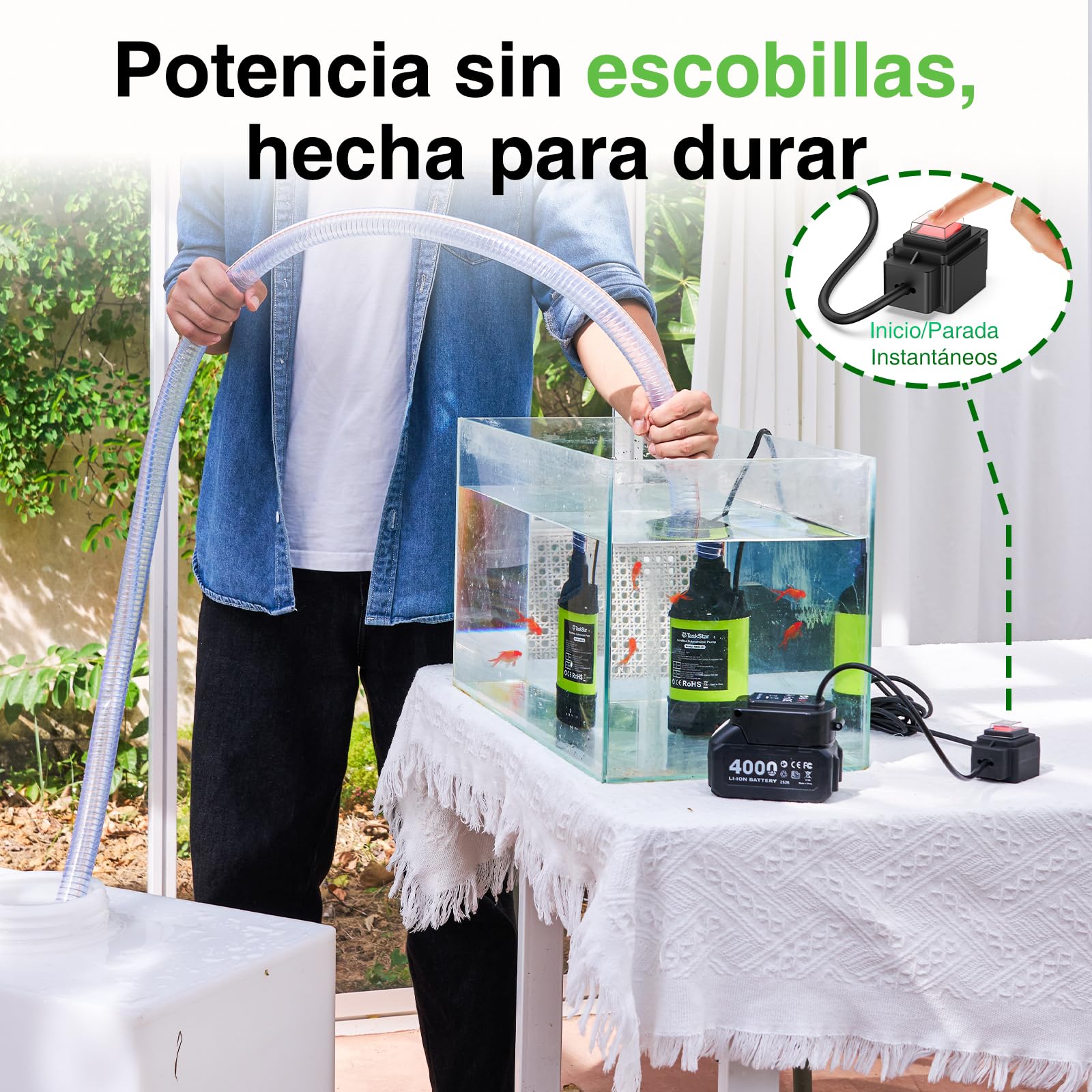 TaskStar Bomba Sumergible de Agua Inalámbrica Brushless, 4164 L/h Pequeña Bomba Portátil Utilitaria con Batería 4000mAh para Piscina, Jardín, Camping, Barco, Barriles de Lluvia, Drenaje Exterior