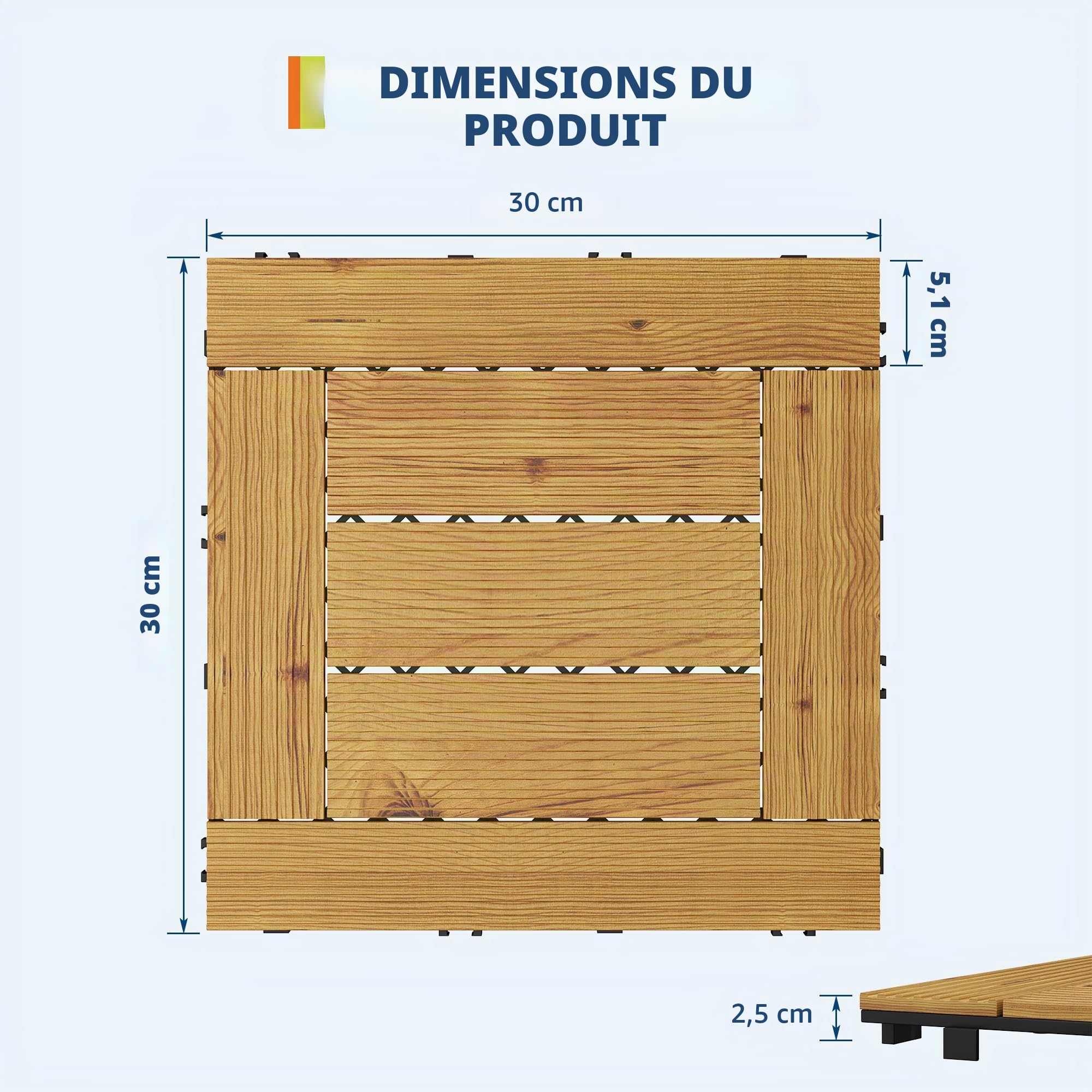 Garvee Dalles emboîtables en bois d'acacia massif 30x30cm, Jaune 33PCS
