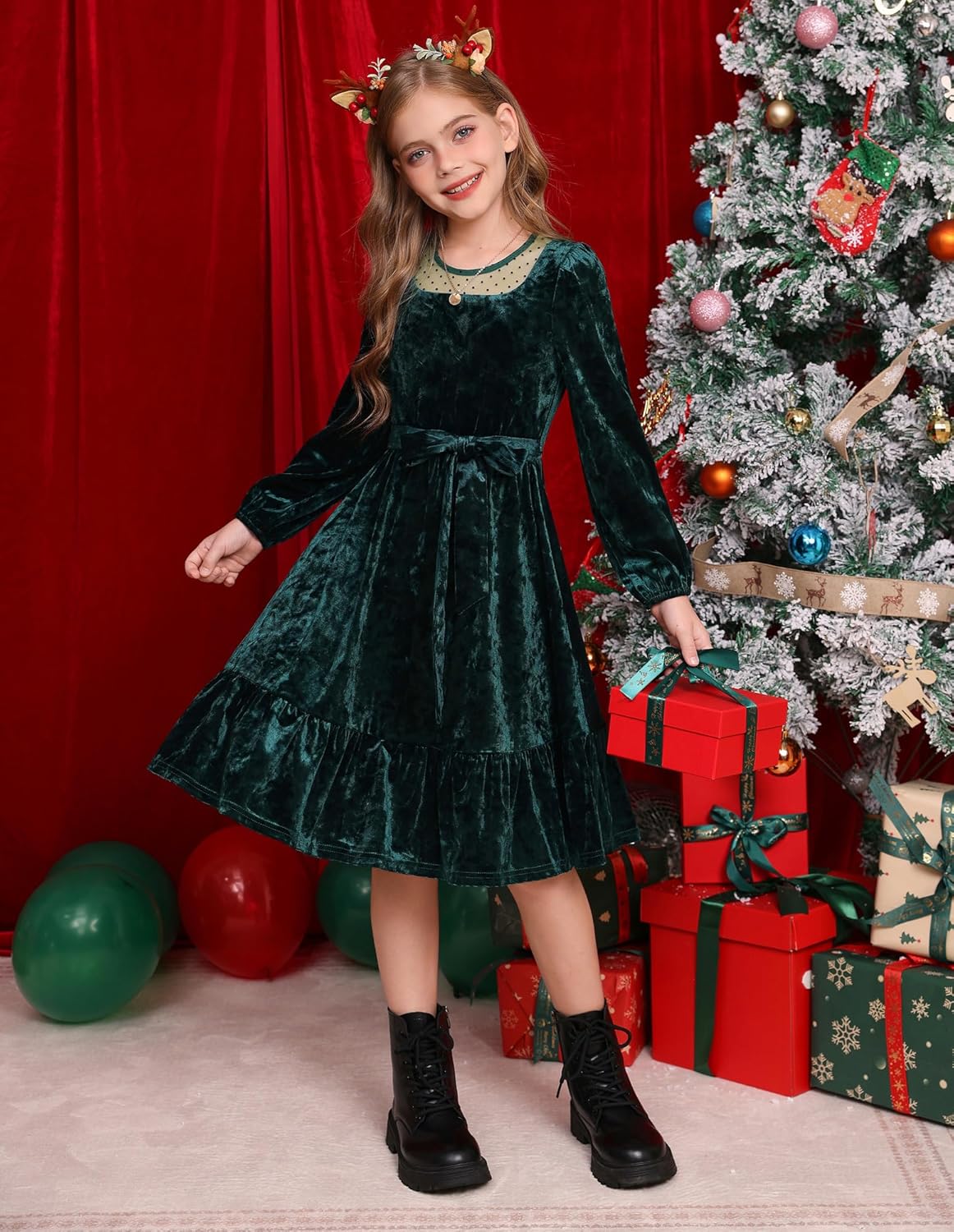 GRACE KARIN Girls Long Sleeve Holiday Dress, Little Girl Velvet Winter Dress, Kids Fall Formal Party Dresses Size 6-12 - Image 2