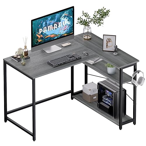 Pamray 43 Inch L Shaped Computer Desk with Reversible Side Storage Shelves, Small Corner Desk for Small Space Home Office,Writing Study Table PC Desk for Bedroom,Espresso Gray - Grey - 43 inch