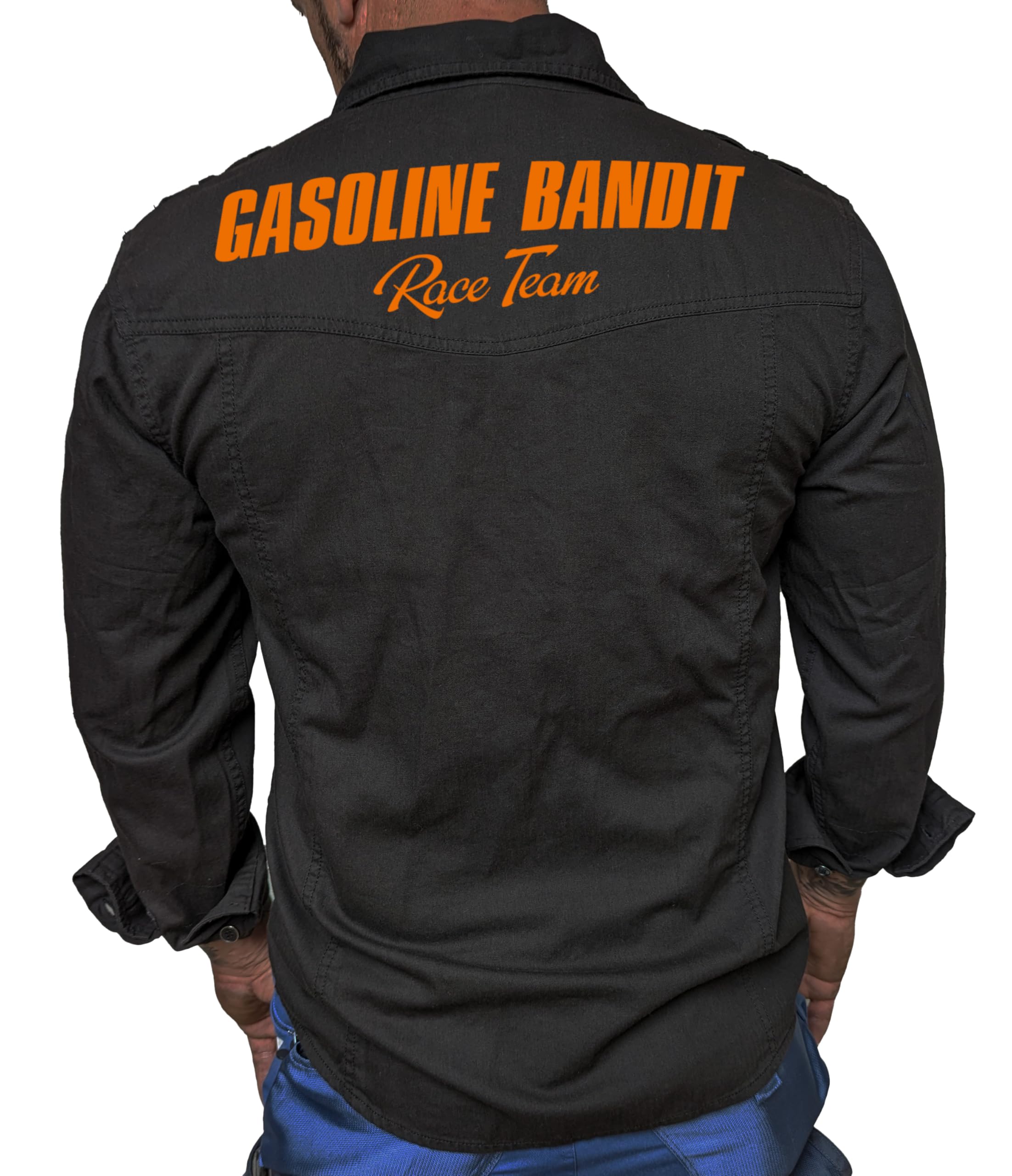 Gasoline Bandit Schweres Biker Racer Worker Herren-Jeans-Hemd mit Stick Patch und Rückendruck tailliert schwarz - Reine Baumwolle