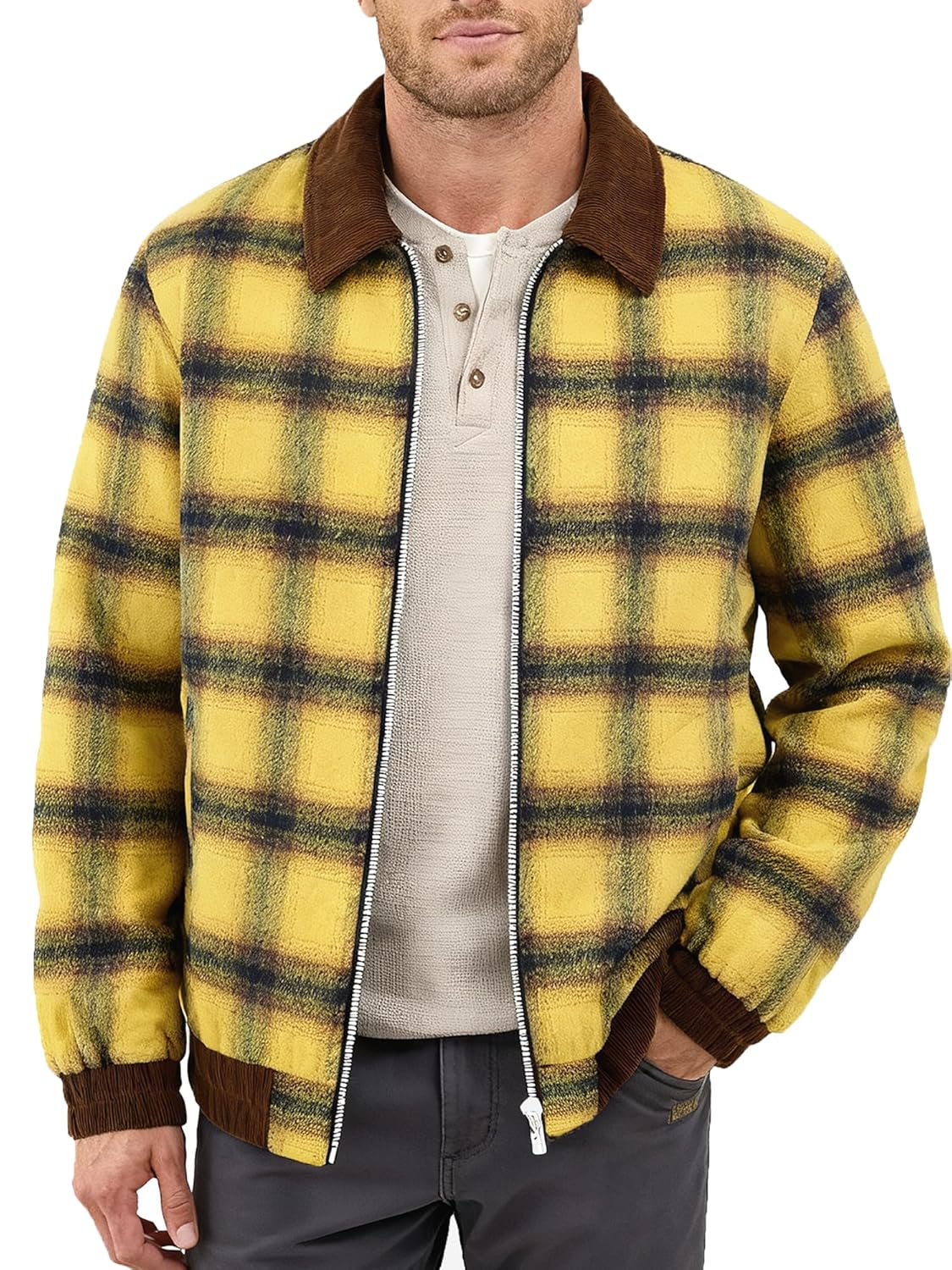 HOTake Mens Zip Up Quilted Lined Flannel Jacket with Corduroy Collar