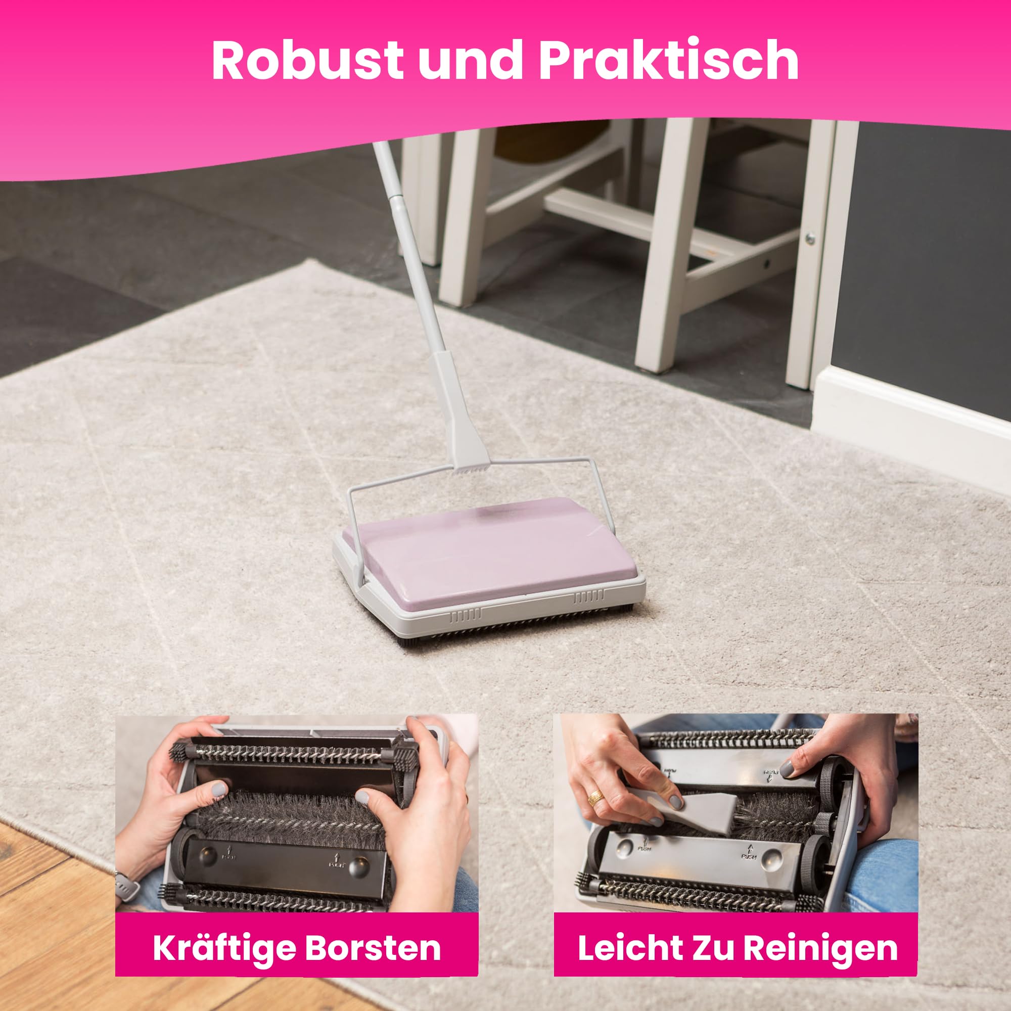 York Miotła mechaniczna wycieczka Miotła do zbierania zabrudzeń Sweep Manual Sweeper Zamiatarka ręczna Mop do dywanów na czterech kołach miękki cienki i kompaktowy szaro-różowy