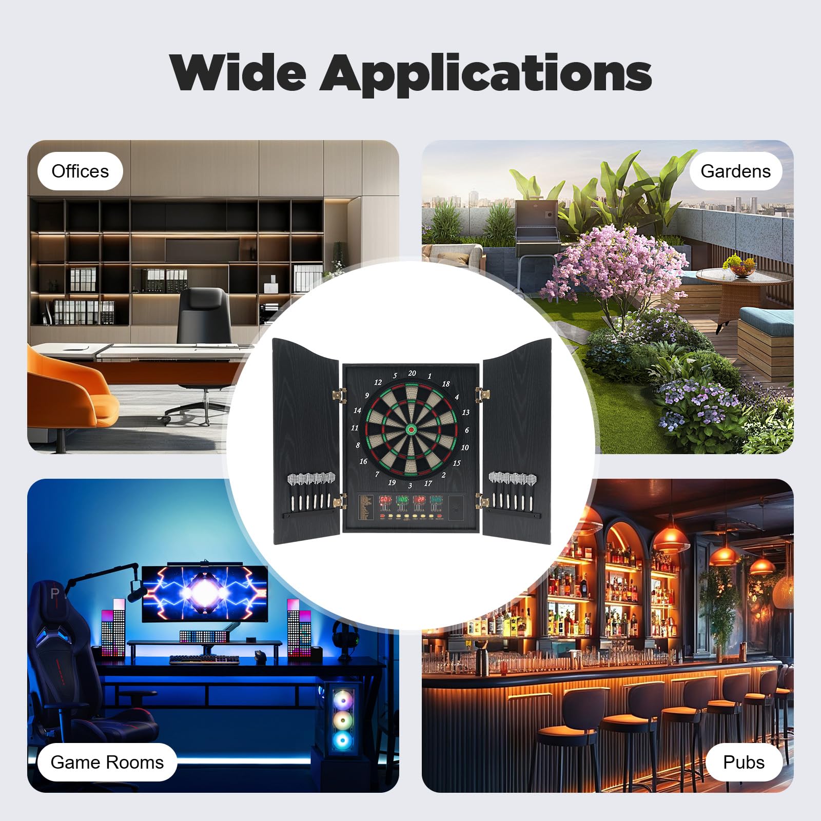 Juegos de Flecha Electrónica, Diana electrónica con mueble de madera, pantalla LED, 12 dardos hasta 16 jugadores, 27 juegos diferentes, 243 variantes de juego