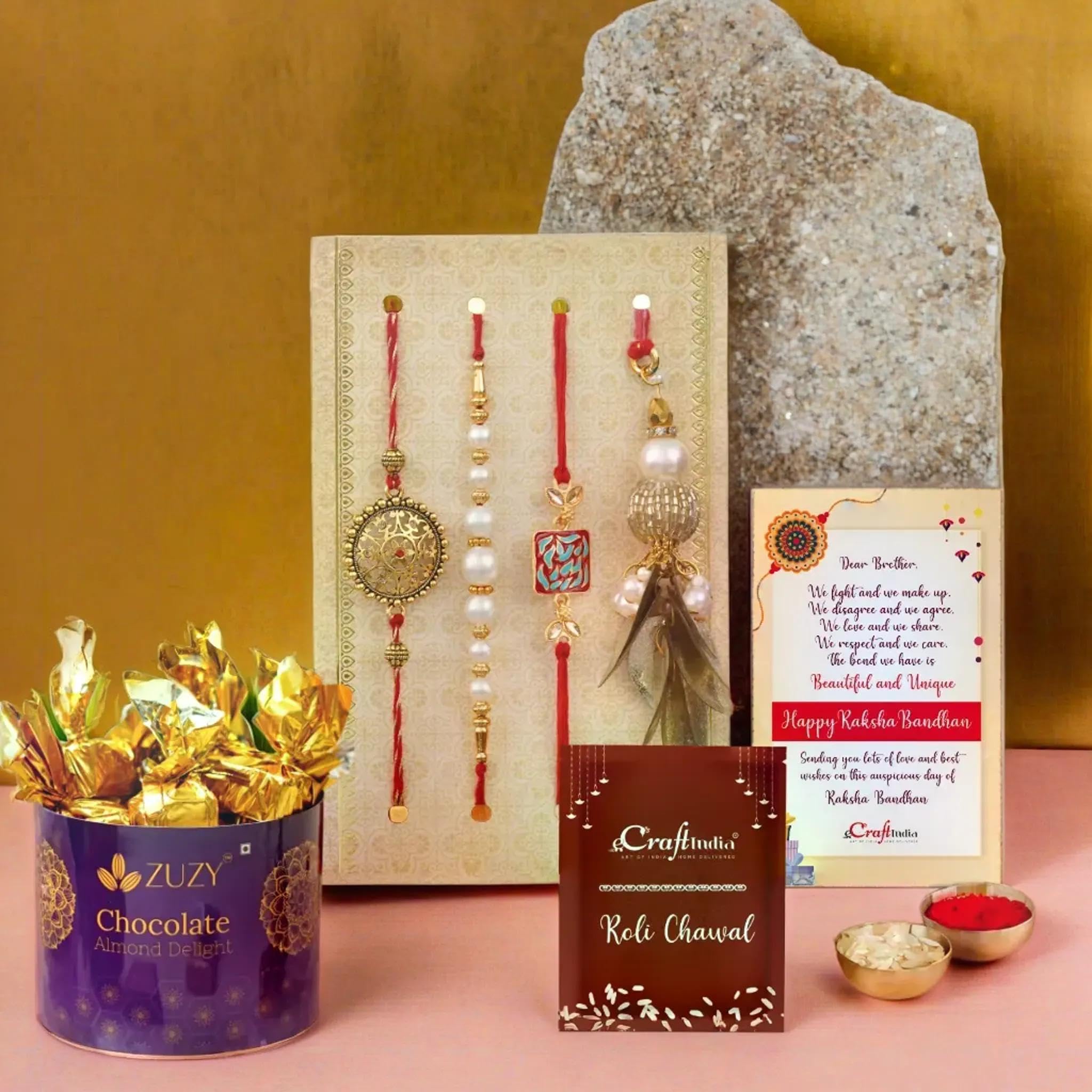 eCraftIndia Set of 4 Floral, Pearls, Diamonds, Lumba Designer Rakhis for Brothers and Bhabhi with Zuzy Almond Chocolate Box, Rakhi with Chocolate Gift - Roli Chawal Pack, Raksha Bandhan Greeting Card-image-25