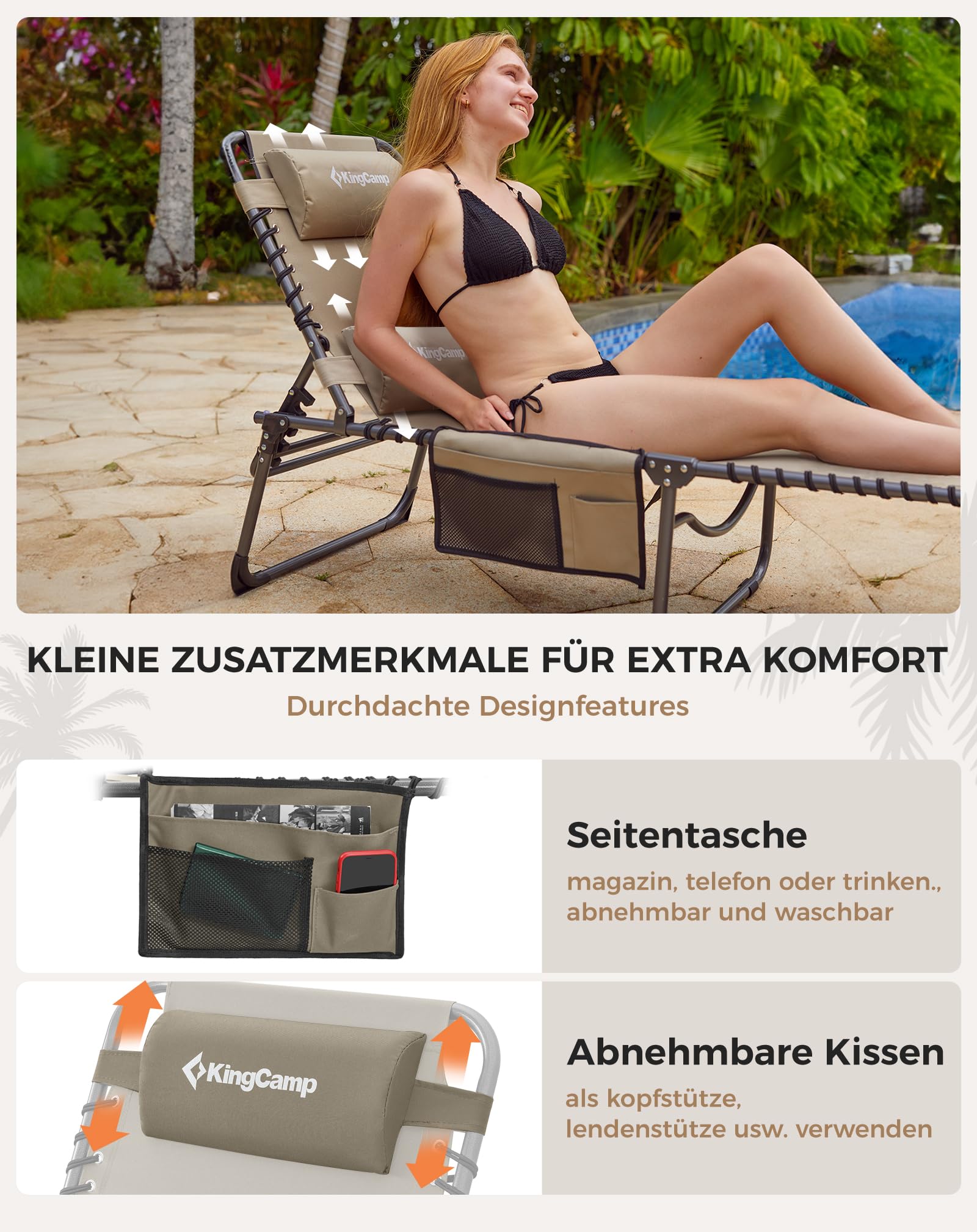 KingCamp Sonnenliege Klappbar 5-Verstellbarer Rückenlehne Gartenliege klappbar Liegestuhl Strandliege Campingliege Klappbett mit Kopfkissen für Strand Garten Terrasse Pool Camping Outdoor Indoor