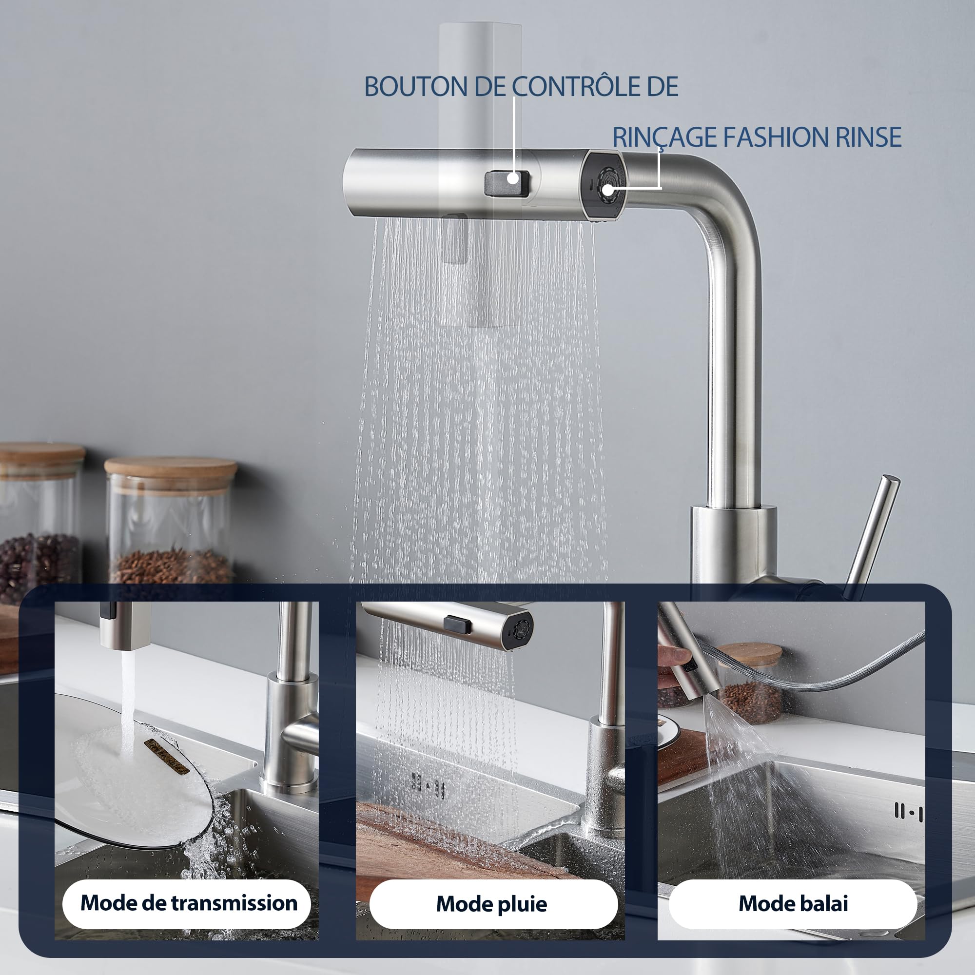 BELZ Miscelatore da cucina estraibile, girevole a 360°, rubinetto a cascata antispruzzo, in acciaio inox, caldo e freddo, cromato (BN)
