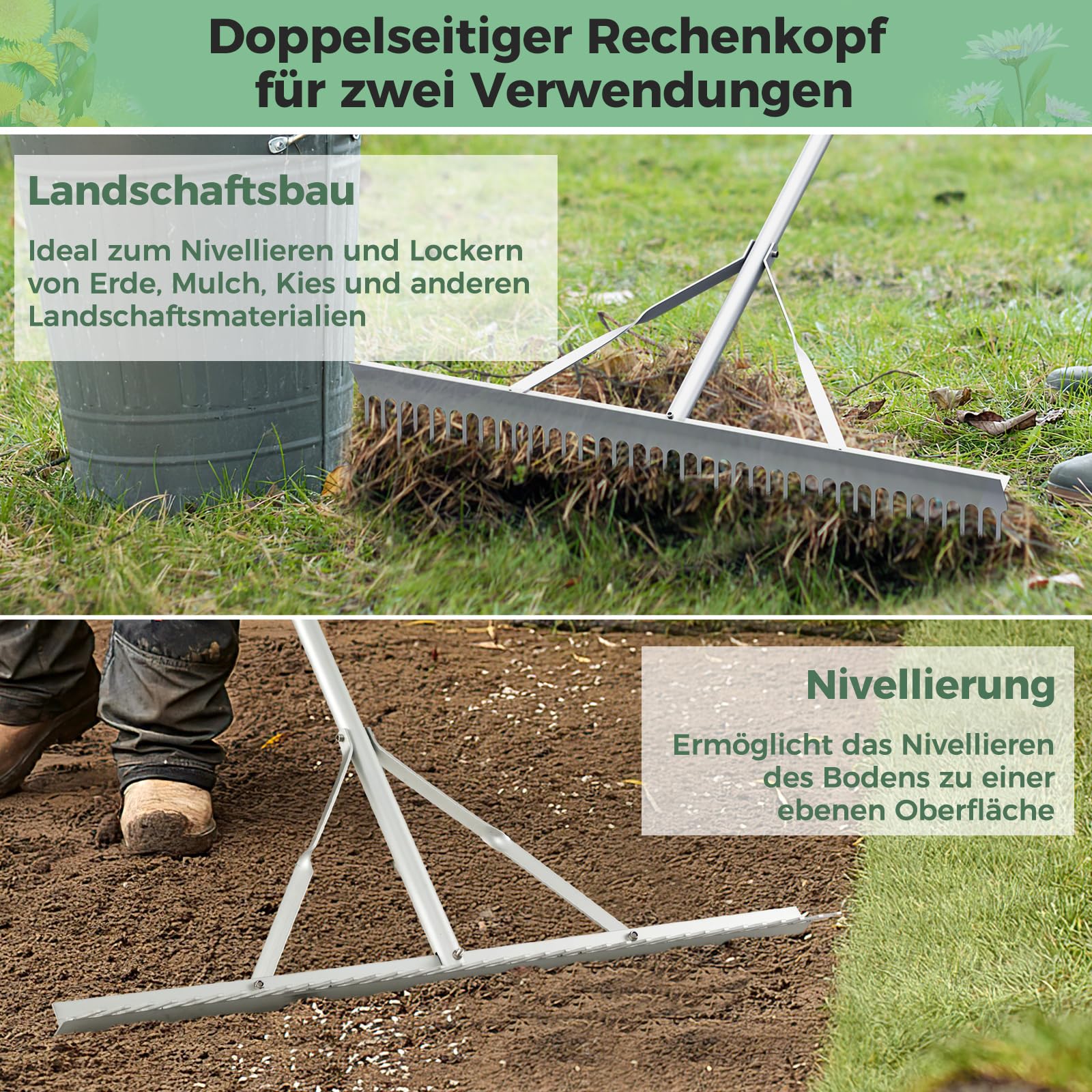 FANTASK Grabie z głowicą grabiącą o szerokości 91 cm i długim uchwytem, aluminiowa grabie ogrodowe z 36 zębami, miotła do liści, grabie do spulchniania gleby, pielęgnacja krajobrazu
