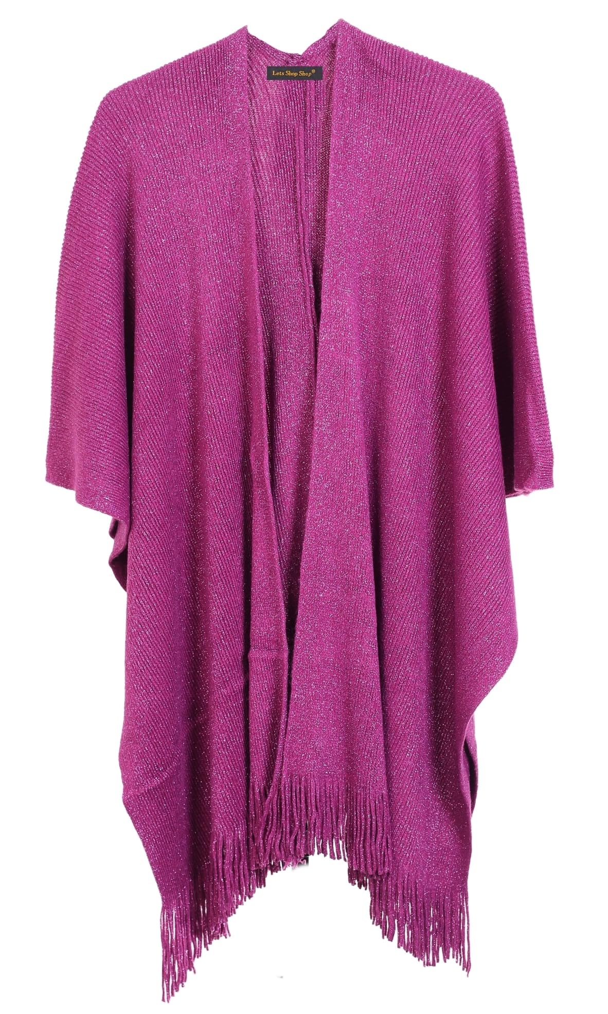 Lets Shop Shop Womens Knitted Lurex Fringed Poncho Shawl Warm Thick Cape (Magenta, One Size)