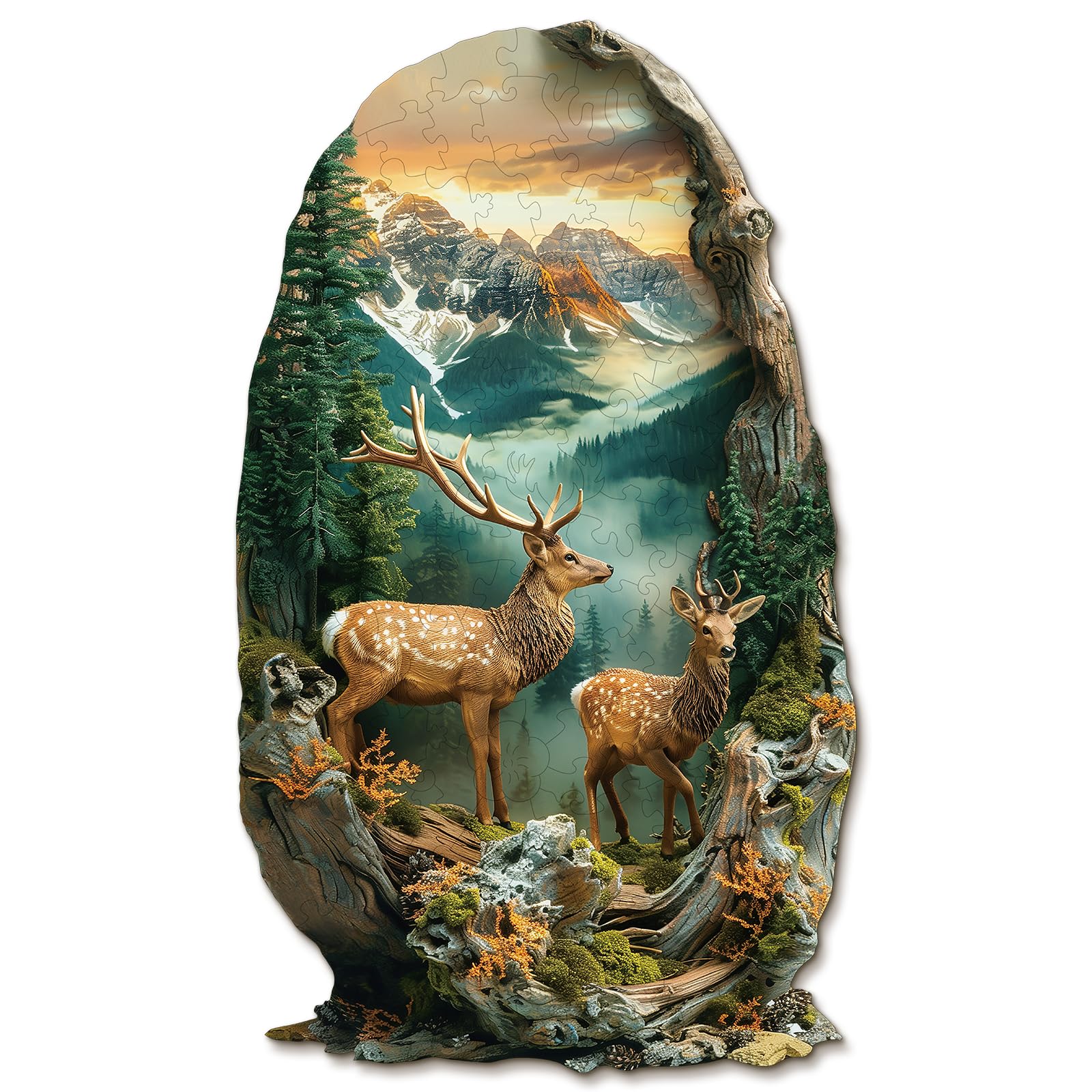 Blumuze Wooden Puzzle, Deer in the Forest Wooden Jigsaw Puzzles For Adults, Unique Shaped Animal Wood Puzzles For Adults With Wood Gift Box 146pcs-M-28.9 * 17 cm