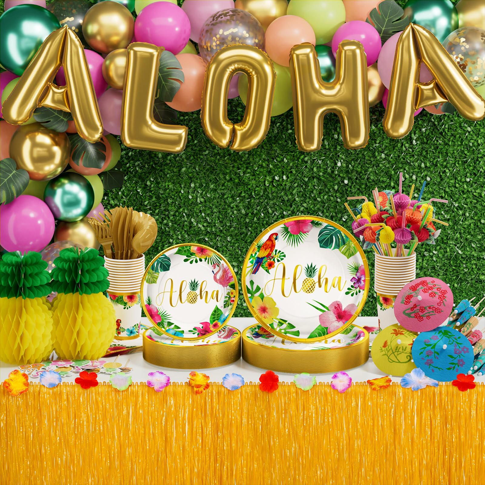 Tiblue Hawaiian Luau Birthday Party Decorations 329PCS Tropical Aloha Party Supplies for Summer Beach Decor Disposable Dinnerware Set (25 Guest) with Plates Napkin Cups Table Skirt Straws Balloon Kit