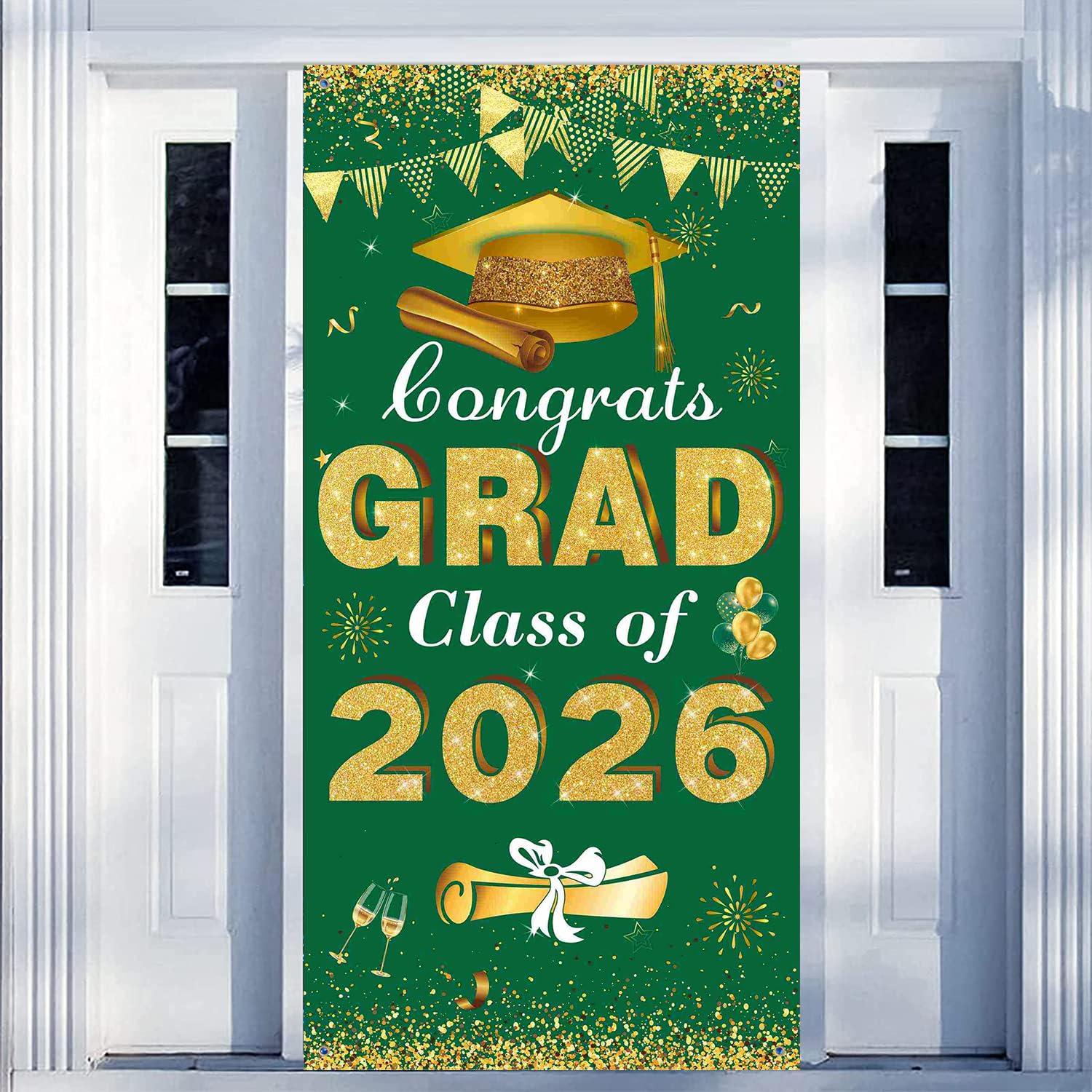 2026 Graduation Decorations Congrats Grad Class of 2026 Door Cover - Green and Gold Graduation Banner Backdrop Front Door Porch Sign Hanging Decor for