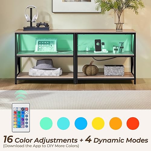 Miniatura 5 de Yaheetech Soporte de TV con toma de corriente, centro de entretenimiento industrial con luces LED para TV de 65 pulgadas, consola de TV de 3 niveles