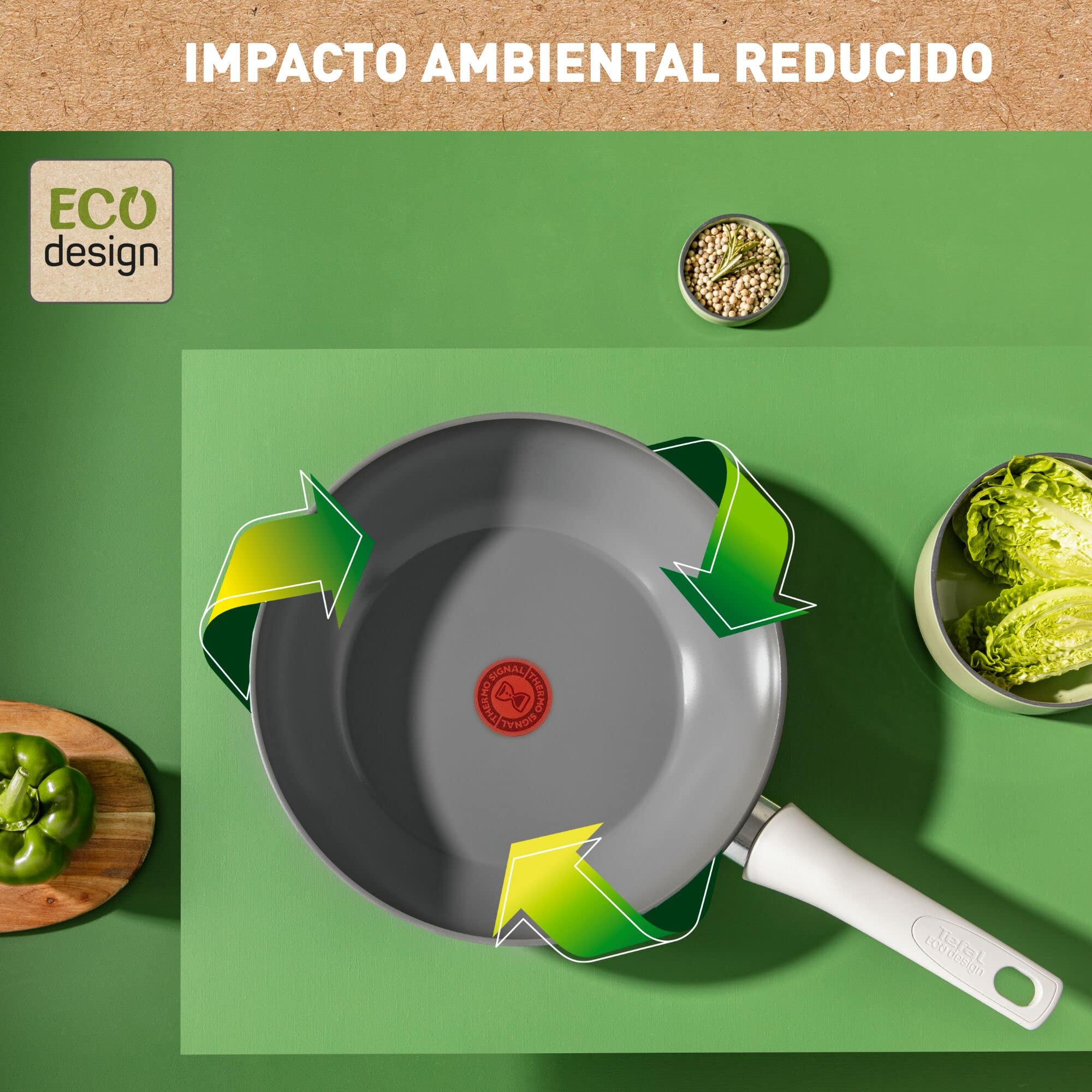 Tefal Renew On – Wok de 28 cm de aluminio 100% reciclado, revestimiento antiadherente cerámico, Thermo-Signal, embalaje 90% reciclado, todo tipo de cocinas, cocina baja en grasas