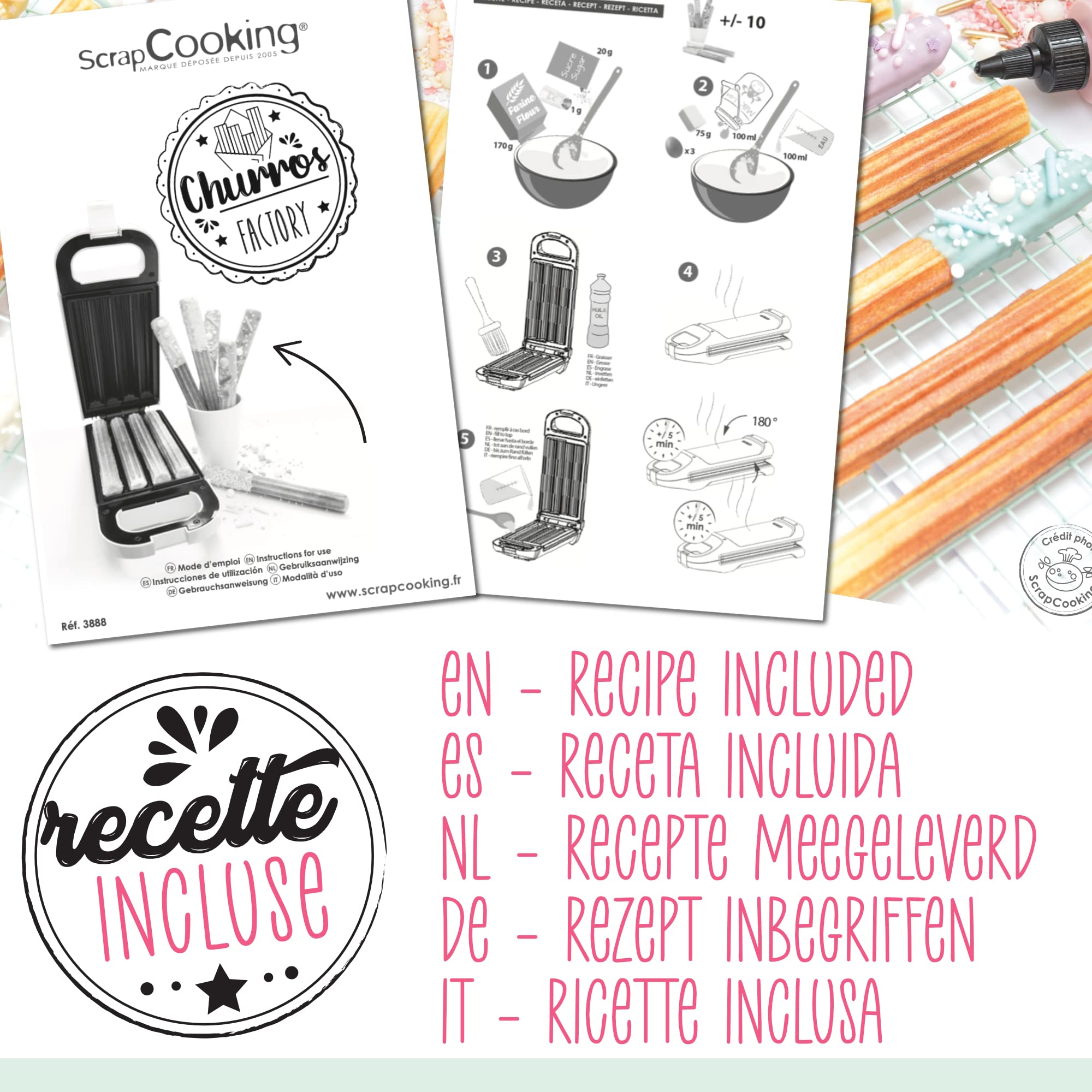 ScrapCooking - Churros Factory - Machine à Churros Maison - Avec Plaque Chauffante Anti-Adhérente, Rotation 180° - Appareil Idée Cadeau Pâtisserie Cuisine - Recette incluse - Vert - 3888