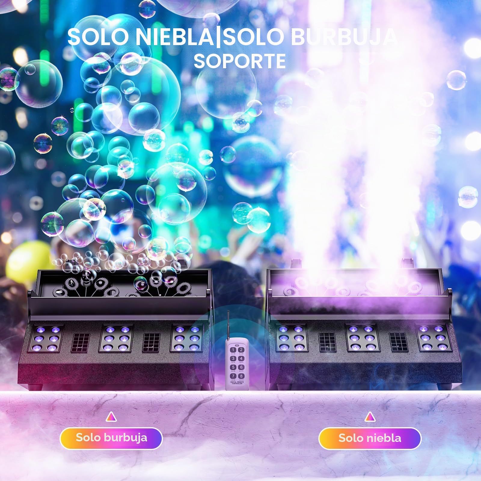 Máquina de Burbujas de Humo de 1500W con Control Remoto, 18 LED RGB d-mx512 Compatible con Máquina de Niebla de Burbujas con Control Independiente para Bodas Escenarios Fiestas Halloween y Navidad