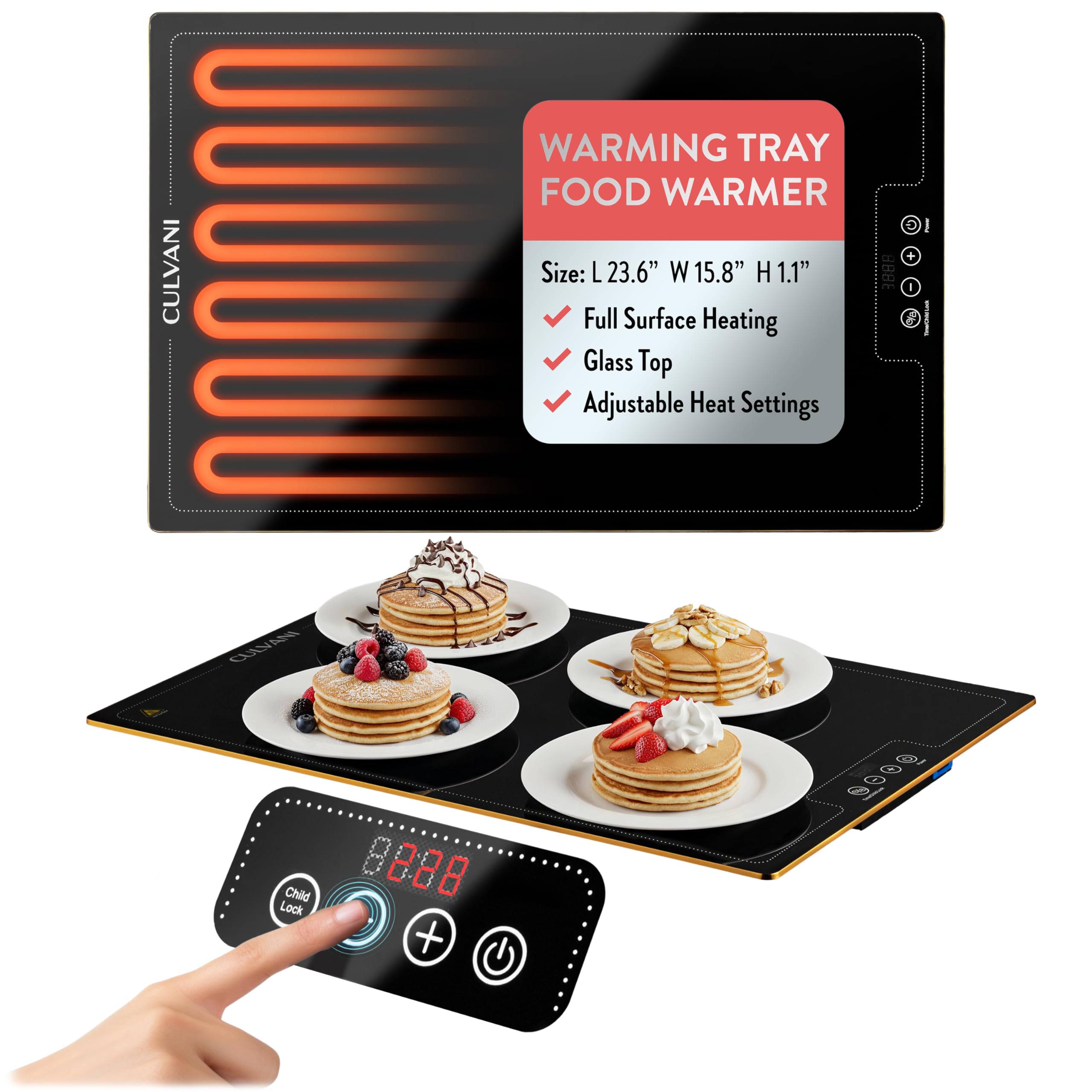 Culvani Electric Warming Tray for Food | 23.5"x15.5" Slim Thermaplate Electric Food Warmer for Kitchen & Buffet | 1" Thin Countertop Hot Plate with Touch Controls, Adjustable Temp, Black/Gold Finish