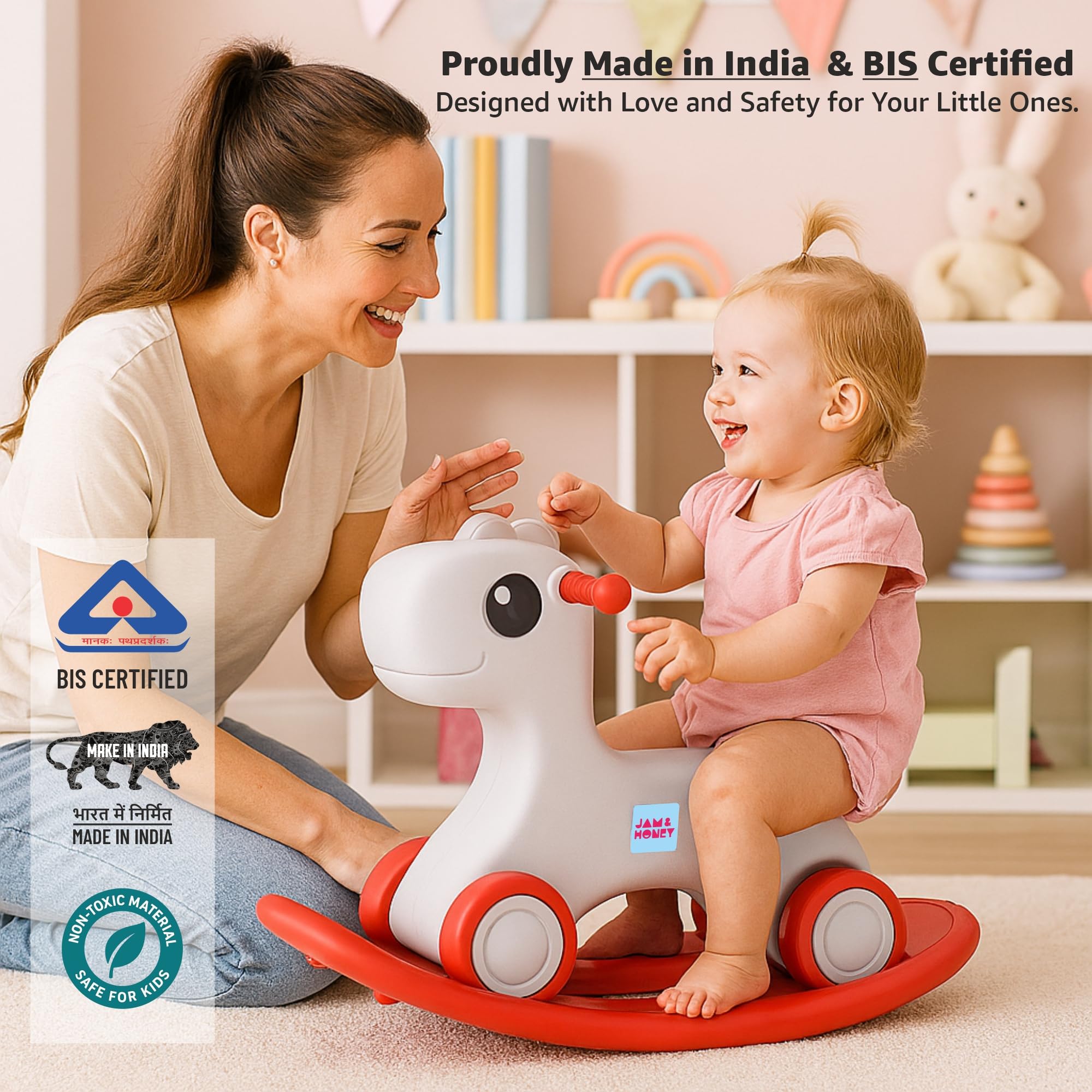 Amazon Brand - Jam & Honey 3-in-1 Baby Push On Ride On Rocker for Kids | Balancing Board | Backrest | Easy Grip | Four Wheel | Durable and Safe | Lightweight | Animal Theme | 12 Months+ | Red & Grey 1
