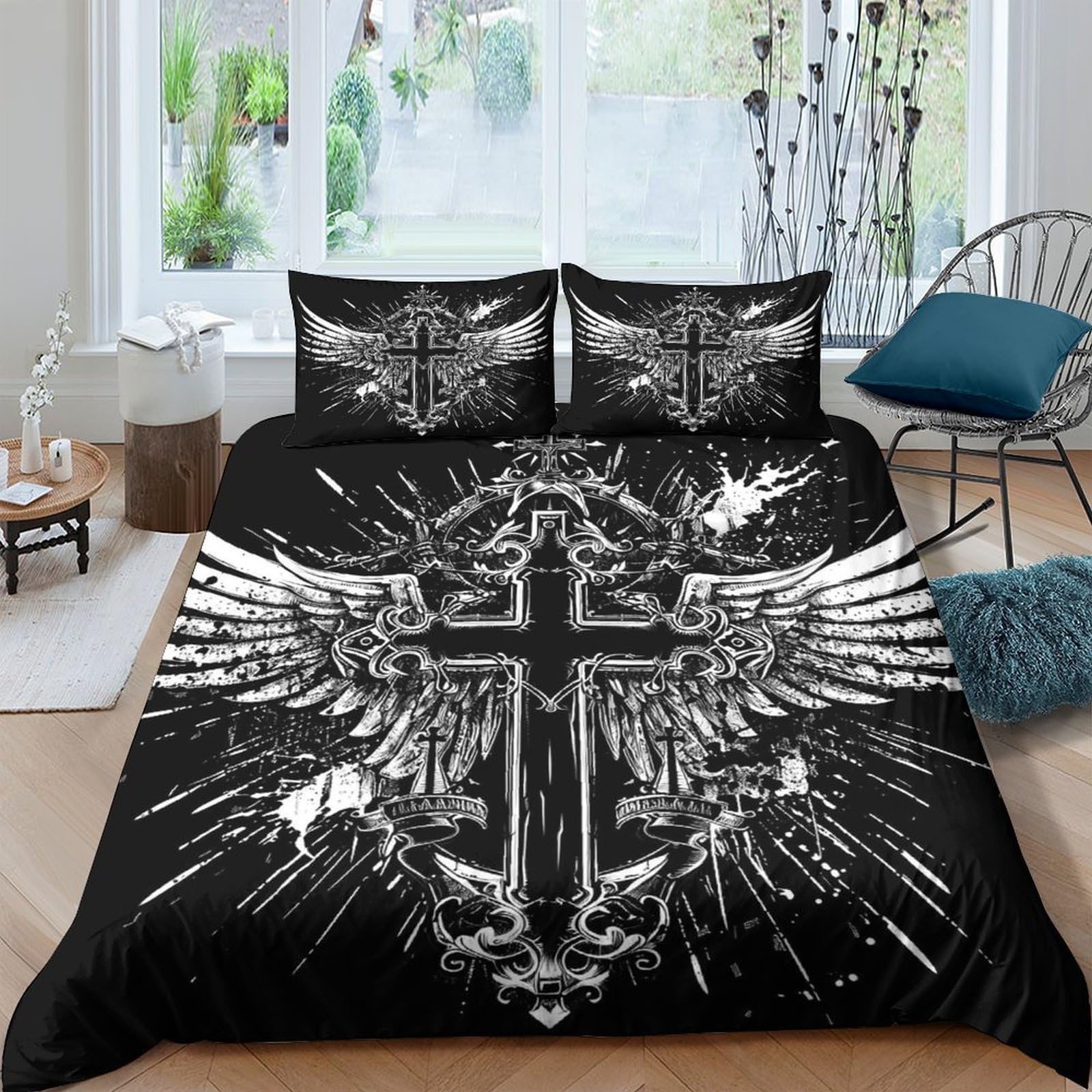 Ctjqhvkz Style-3 3D Printed Gothic Cross Wings Fitted Sheet Microfiber Black Artistic Mattress Cover For Bedroom Decor Protection Single（135X200cm）
