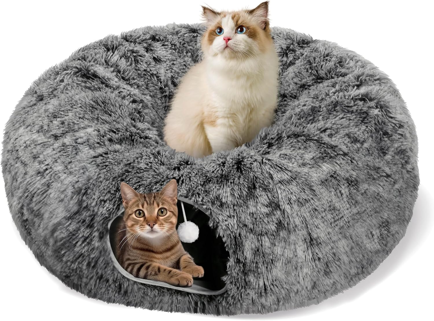 Cat Tunnel Bed for Indoor Cats, Peekaboo Cat Cave with Washable Soft Play Mat, Furry Cat Tube, for Kitten/Puppy/Rabbit, Black Large black