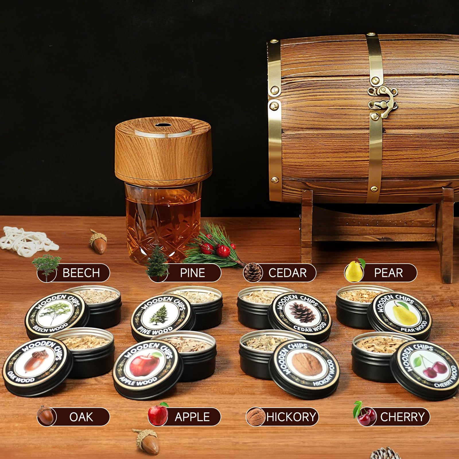 Kit per affumicare whisky con custodia in legno, affumicatore elettrico per cocktail e trucioli di legno da 8 gusti, kit per affumicatore vecchio stile Bourbon regali per uomini