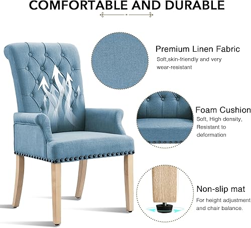 Miniatura 4 de LOULENS Sillas de comedor de tela, sillas tapizadas con reposabrazos capitoné, sillas decorativas con ribete de cabeza de clavo, patas de madera