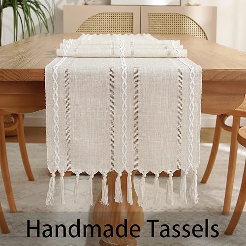 Miniatura 7 de Cenebonxy Camino de mesa rústico bohemio, camino de mesa de lino, camino de mesa de granja, 90 pulgadas de largo para decoración de mesa de comedor,
