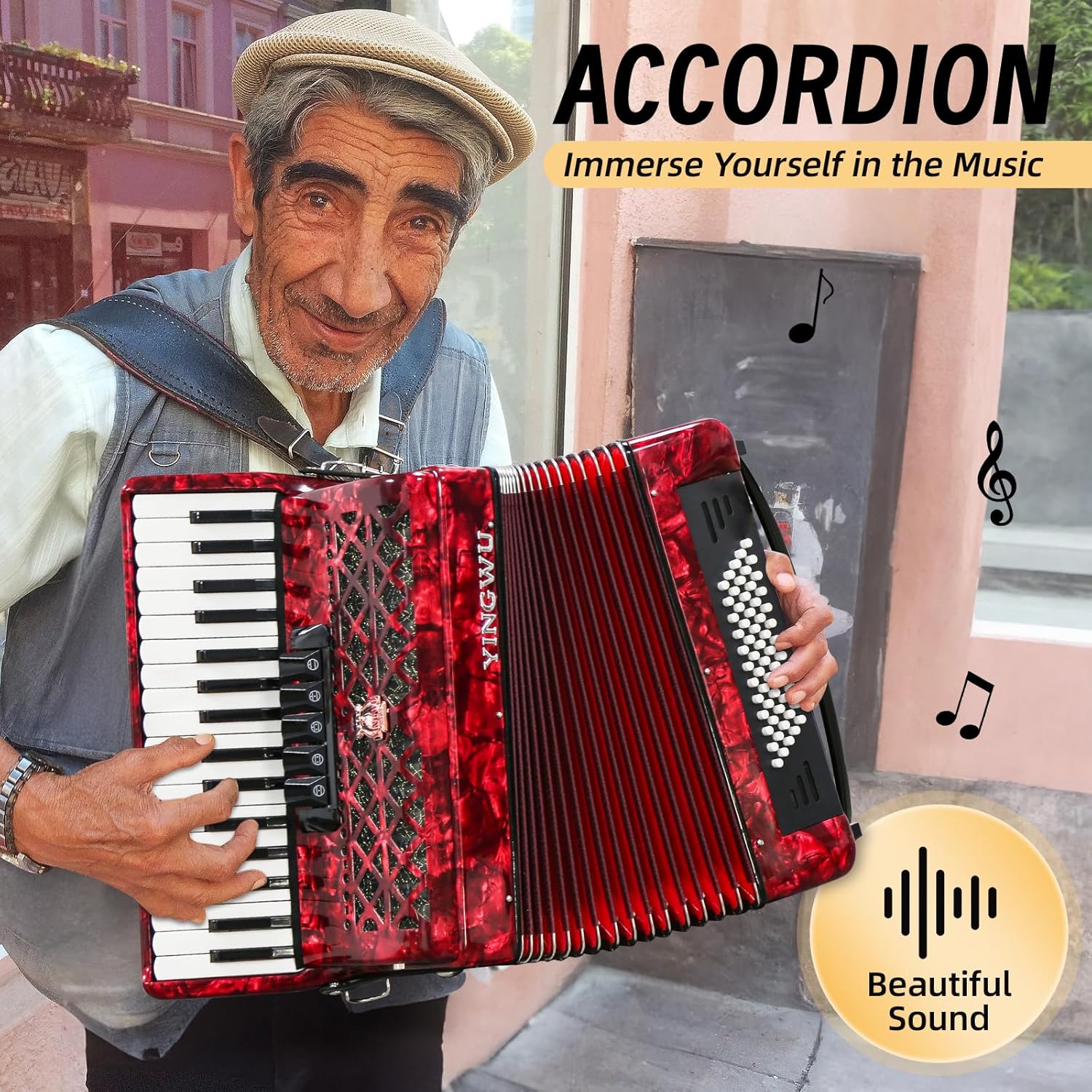 Accordion 34 Keys 60 Bass Premium Professional Accordion with German Reeds, Sealed Bellows for Beginners Adults, Stage/Studio/Home Use, W/Backpack & Carrying Strap (Red)