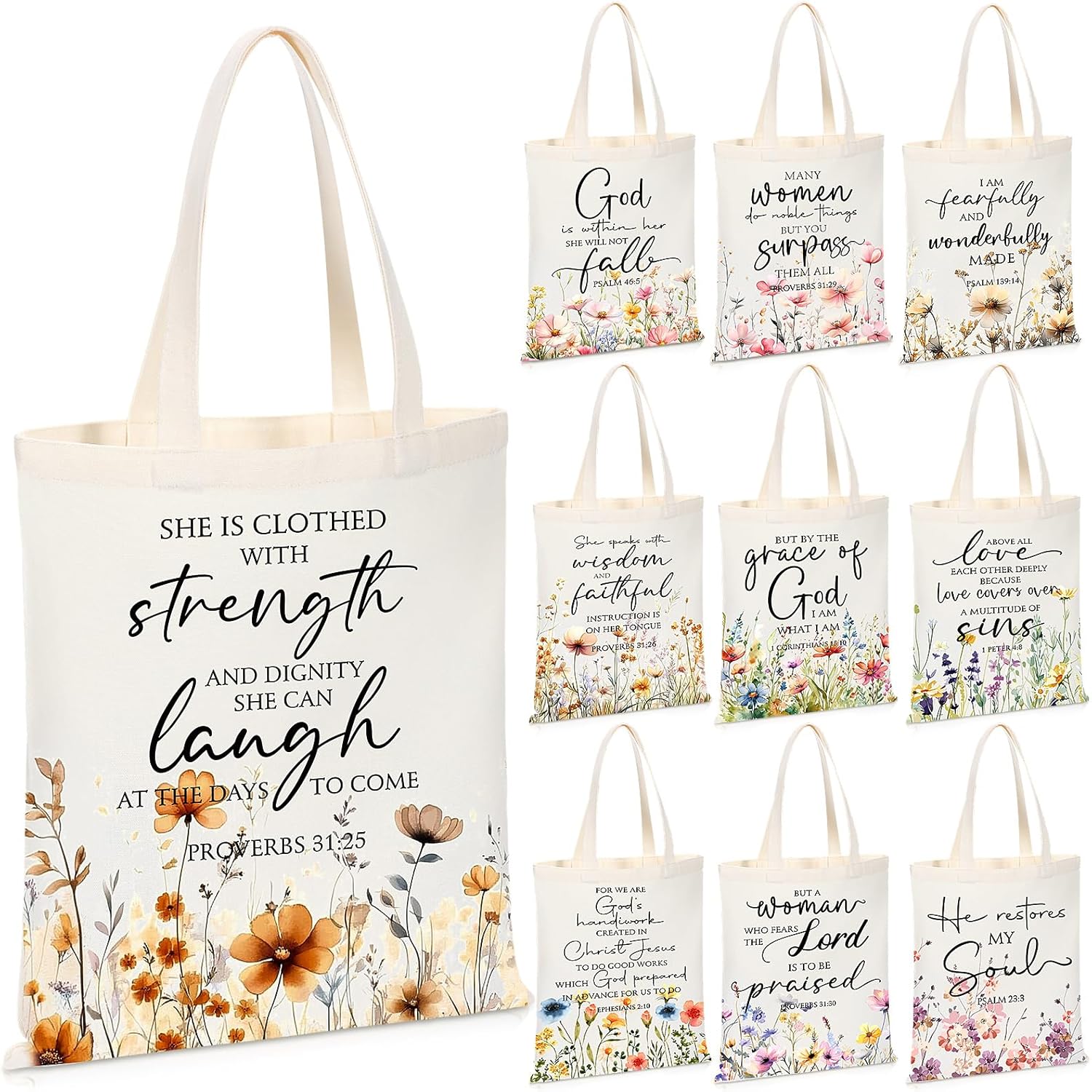 Sweetude 10 Pcs Christian Tote Bags Religious Gifts for Women Faith Canvas Bible Verse Church Bags Jesus Stuff(Wildflower)