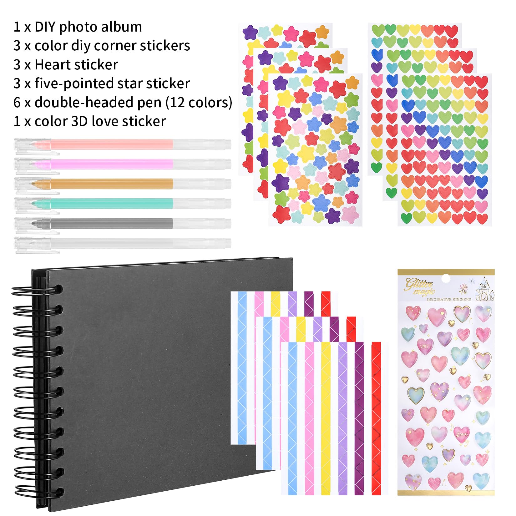 Album Fotografico Fai Da Te A5 - 30 Pagine Nere, Spirale, Con Adesivi E Penne Per Scrapbooking E Ricordi - Foto 5