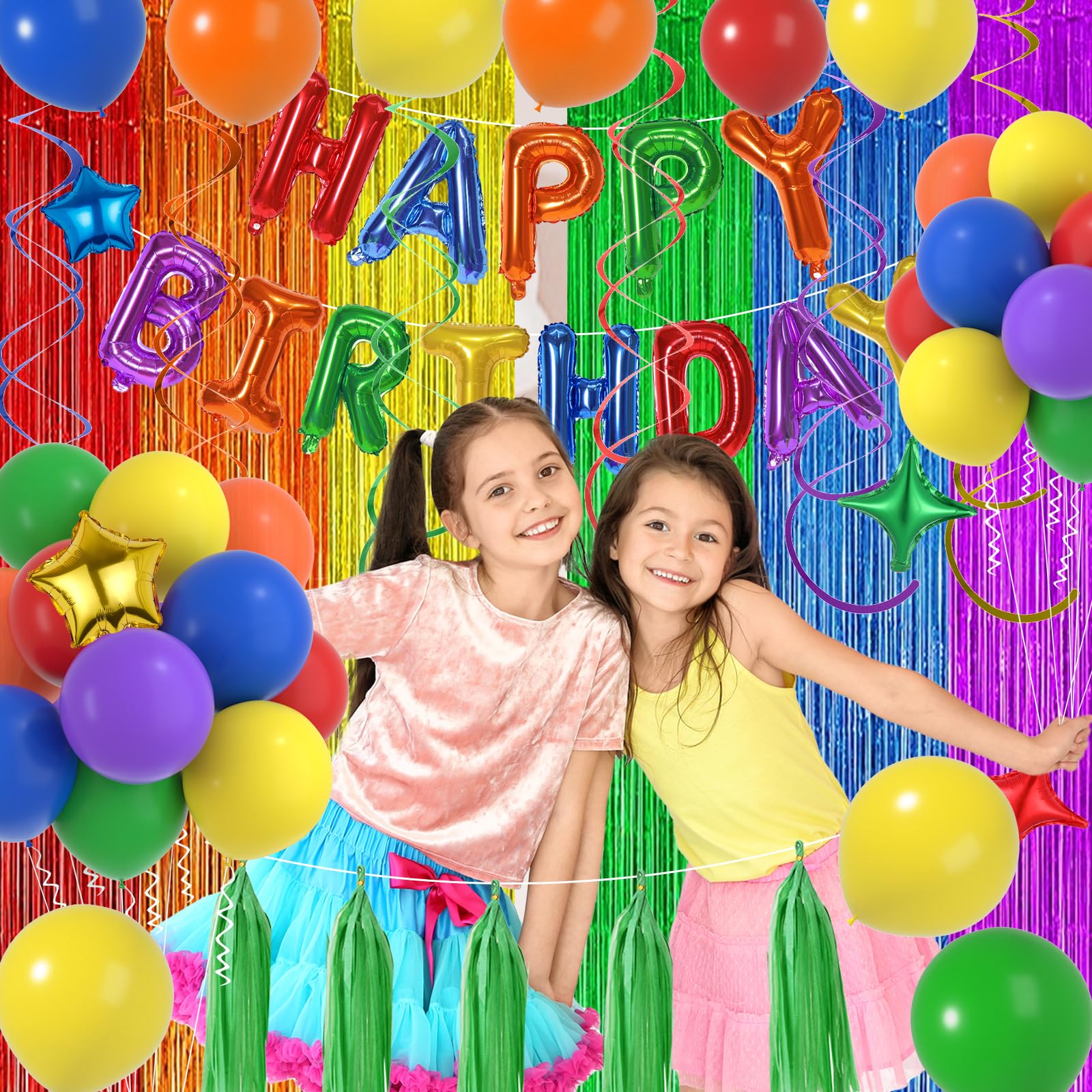 Happy Birthday Balloon Banner - 13 Foil Letters, 16 Inch Each, With Ribbon & Straw, Rainbow Colors Party Decoration