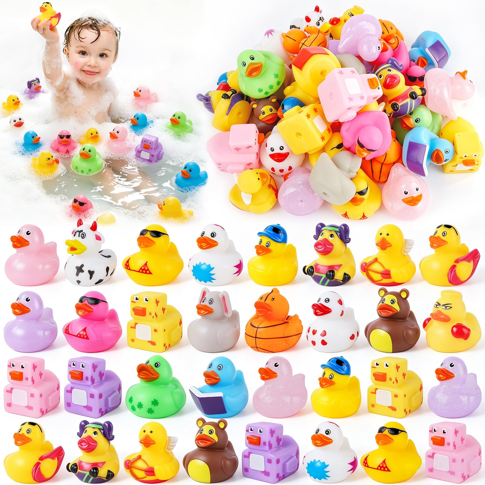 32 Pcs Rubber Ducks, Random Assortment Ducks Bulk for Jeeps Ducking, 2" Mini Rubber Duckies for Baby Toddler Bath Toys, Kids Pool Toys Birthday Gifts Party Favors
