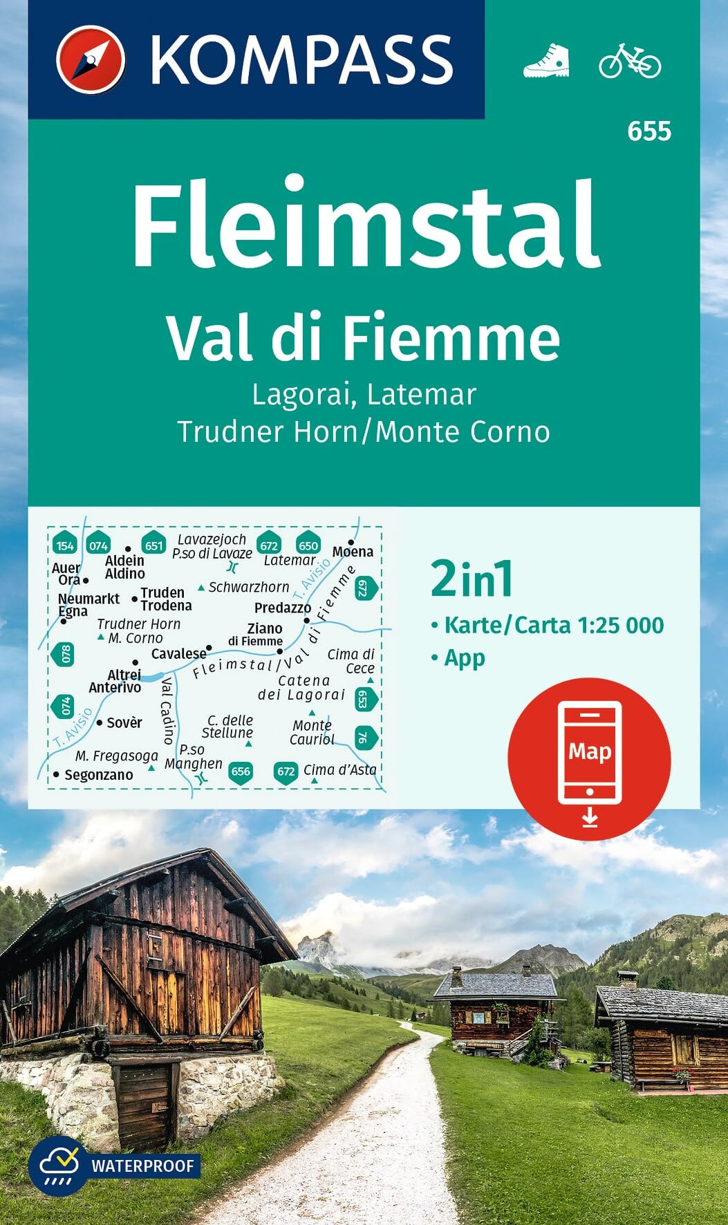 Fleimstal - Val di Fiemme (655): markierte Wanderwege, Hütten, Fahrradwege, inklusive Karte zur offline Verwendung in der KOMPASS-App