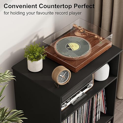 Miniatura 5 de Homhedy Soporte para tocadiscos con gabinete de almacenamiento de vinilo, soporte para discos grande, gabinete moderno para medios estéreo, mesa