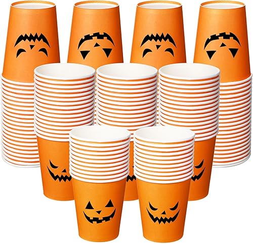 Lallisa 100 vasos desechables de Halloween de 9 onzas, tazas de papel de calabaza naranja, tazas de café para café, agua, jugo, bebidas calientes y