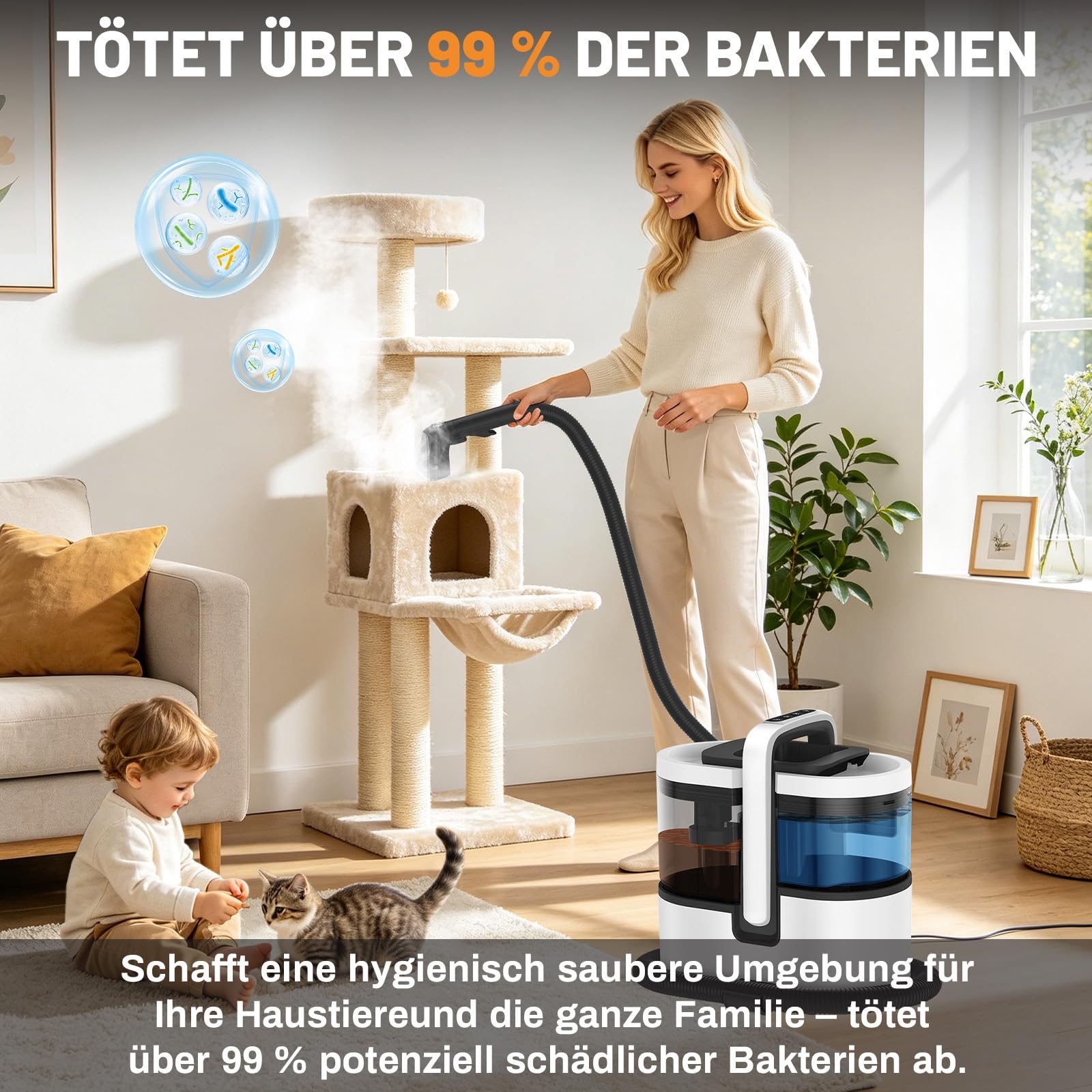 HJH Polsterreiniger Gerät Teppichreiniger 1800W, 100°C Steam Cleaner Schnellheizung, 18Kpa Nasssauger mit Starker Saugkraft, Tragbarer Dampfreiniger für Sofa, Teppich, Polster, Vorhänge, Autositz