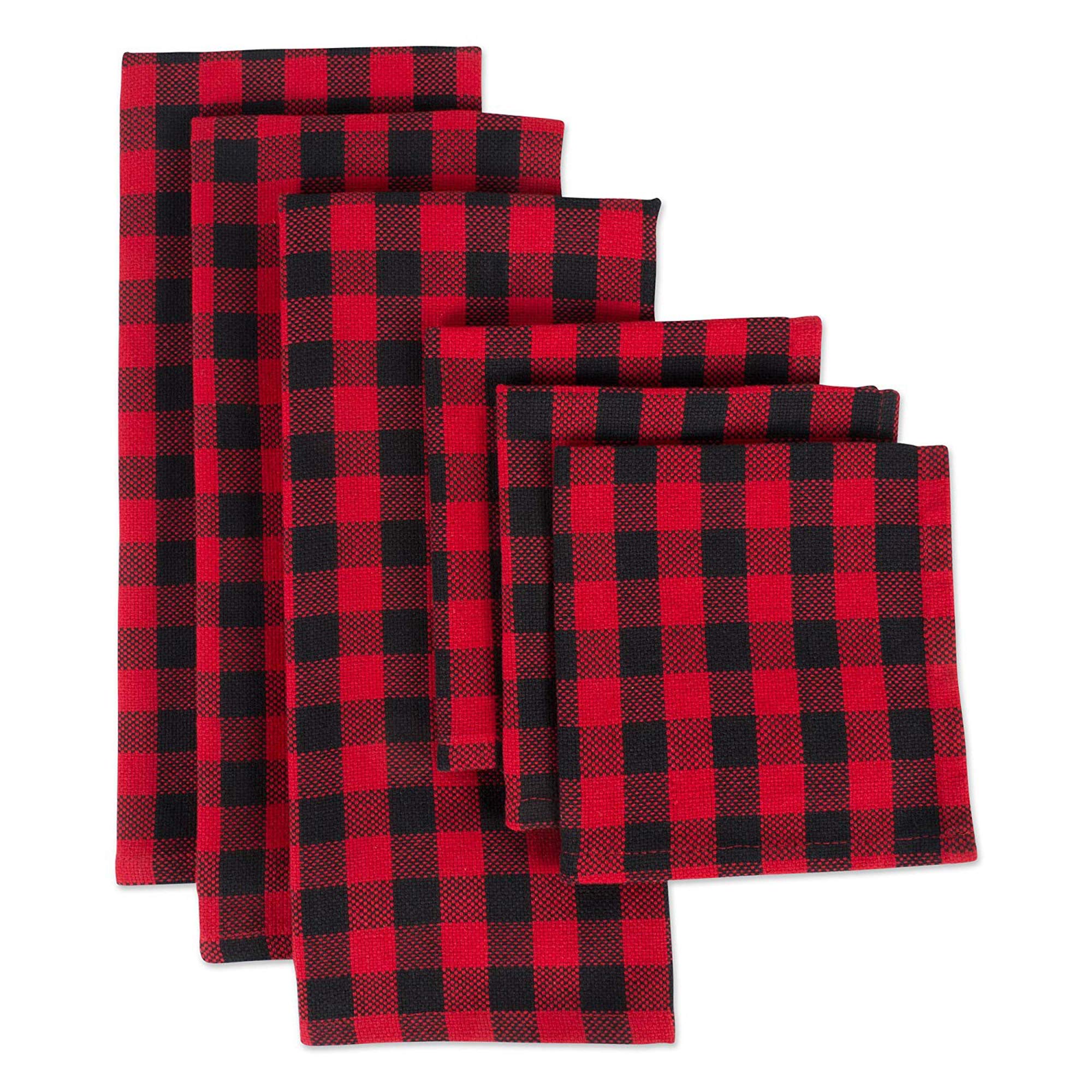 DII Buffalo Check Kitchen Collection, Classic Farmhouse Dishtowel Set, 18x28, Red & Black, 6 Piece